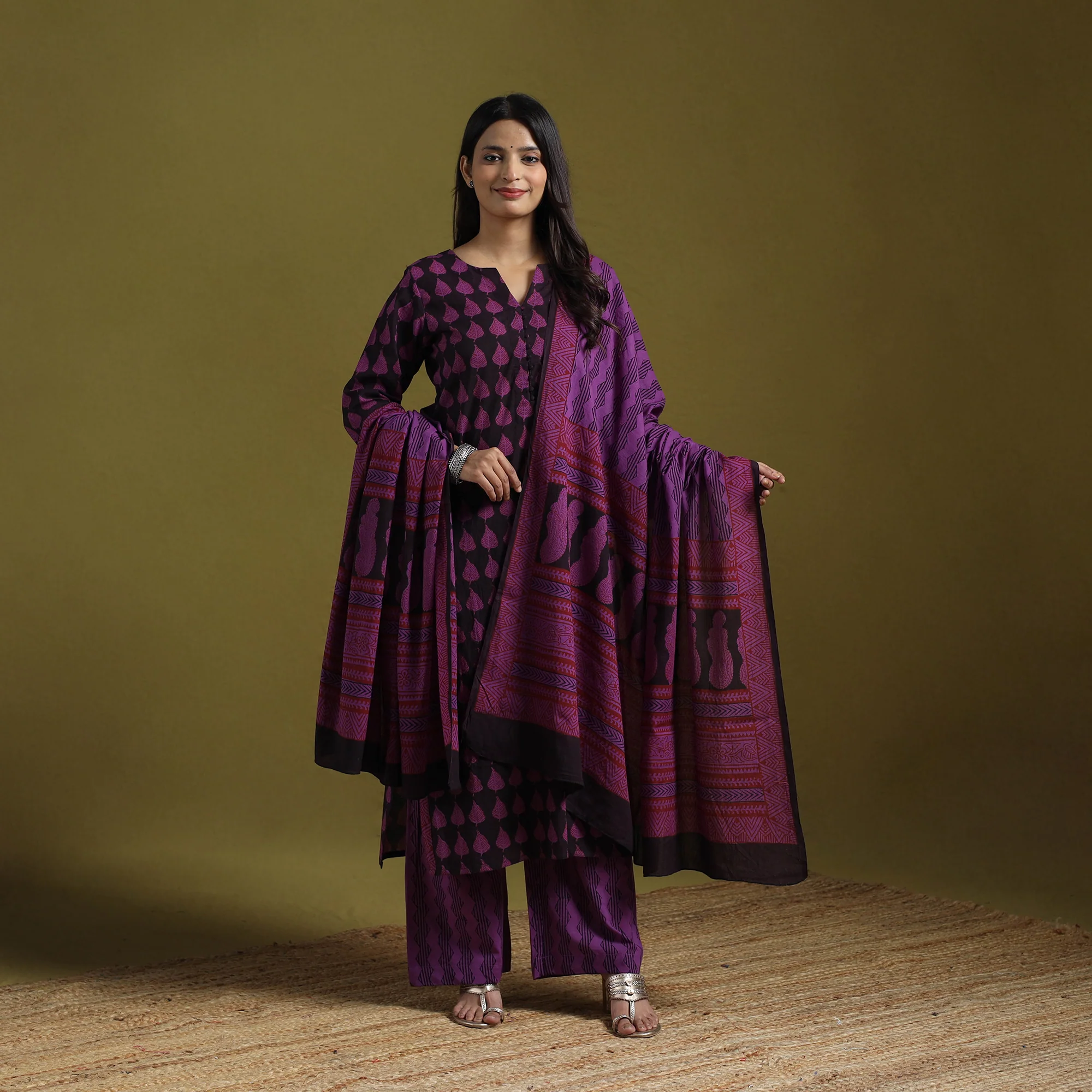 Purple - Natural Dyed Hand Block Bagh Print Cotton Suit Set with Dupatta for Women 11