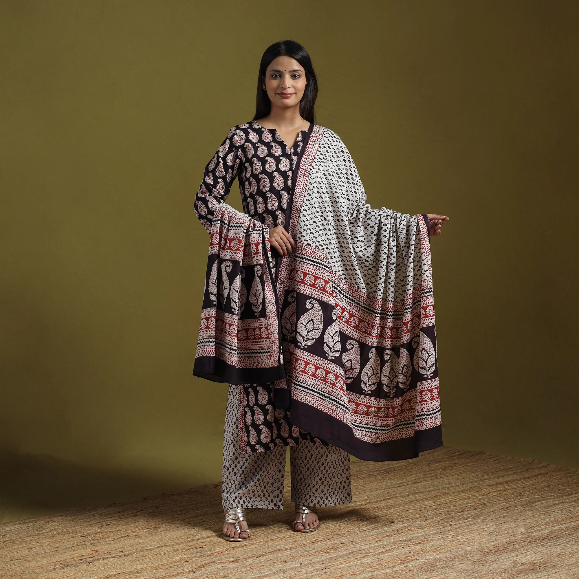 Black - Natural Dyed Hand Block Bagh Print Cotton Suit Set with Dupatta for Women 12