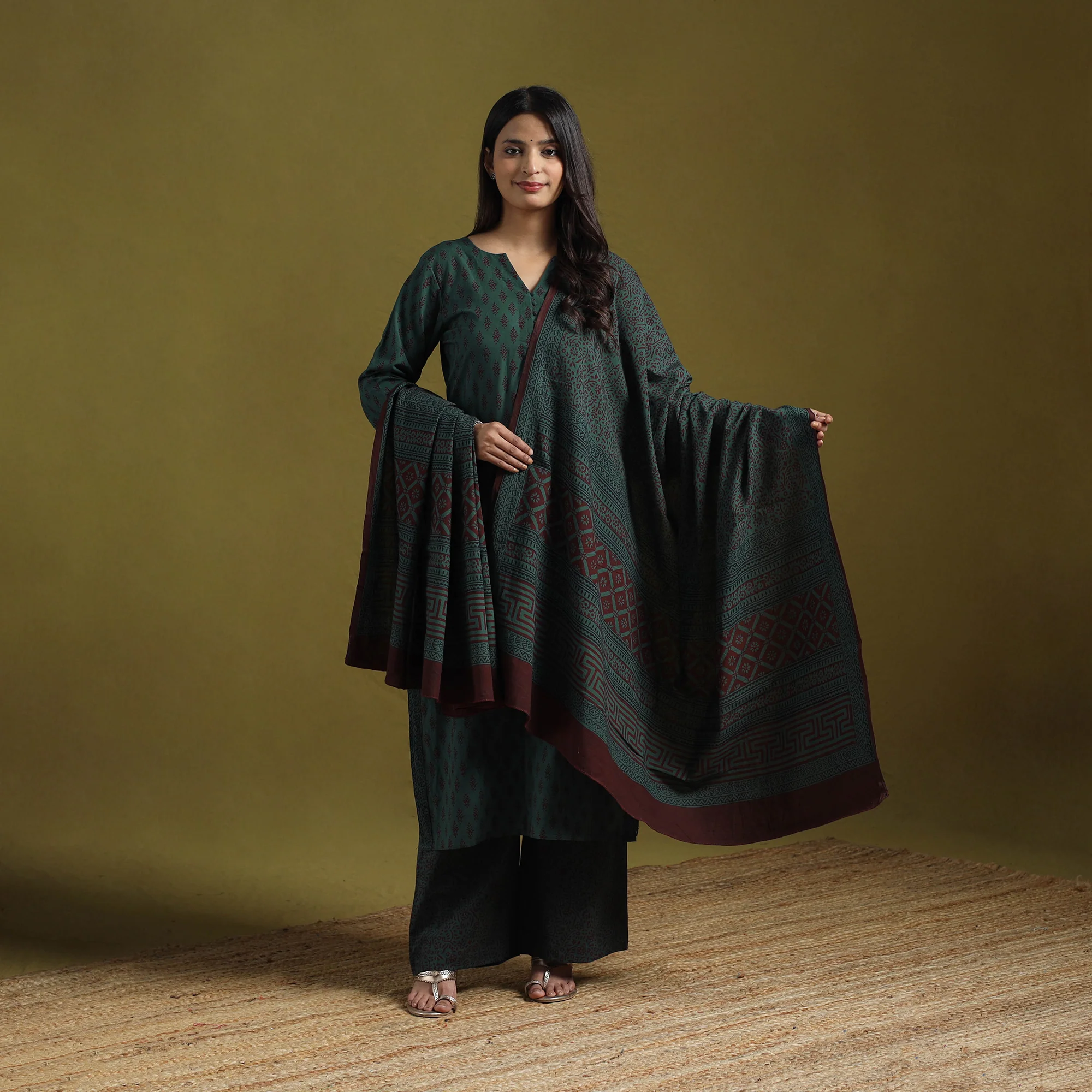 Green - Natural Dyed Hand Block Bagh Print Cotton Suit Set with Dupatta for Women 13