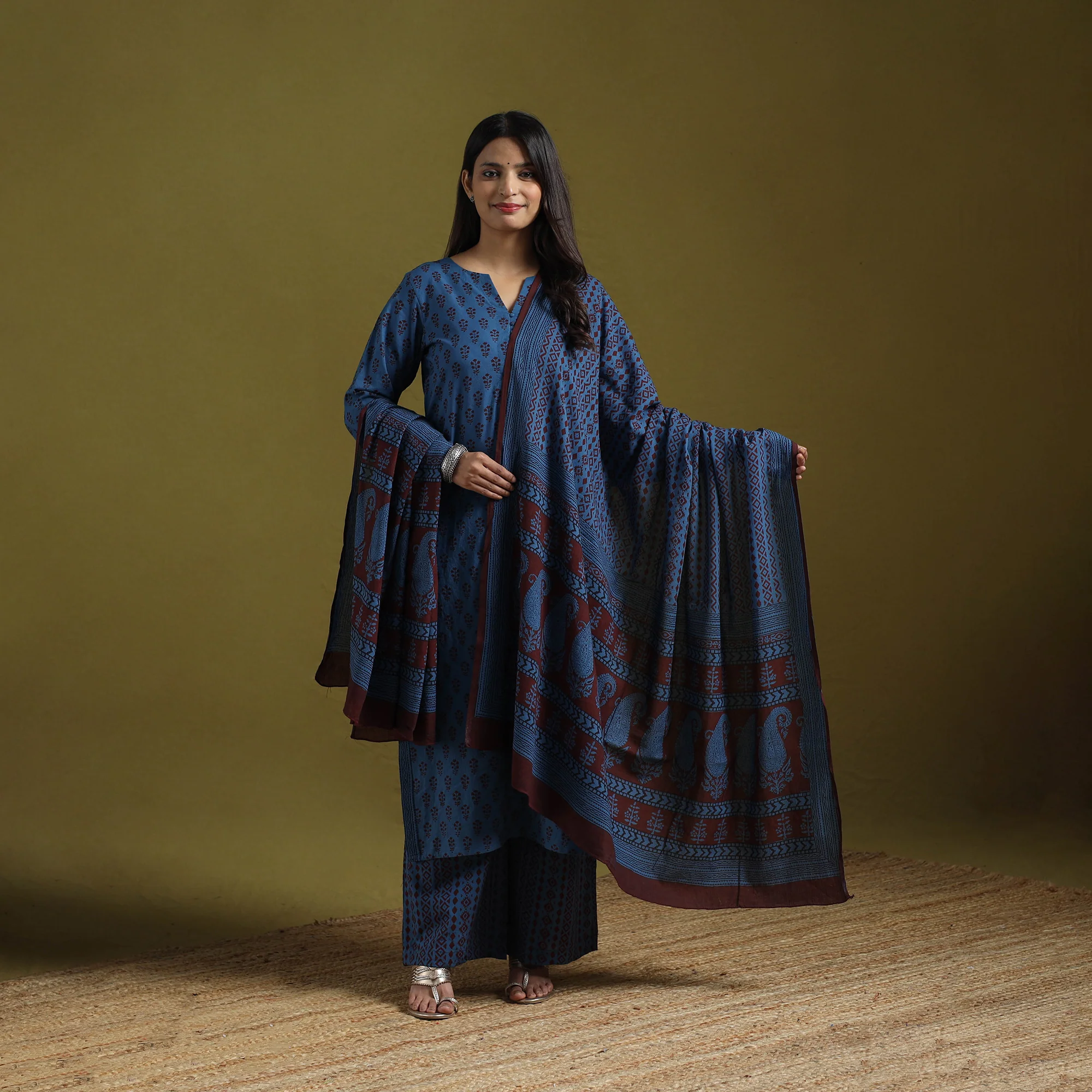 Blue - Natural Dyed Hand Block Bagh Print Cotton Suit Set with Dupatta for Women 14