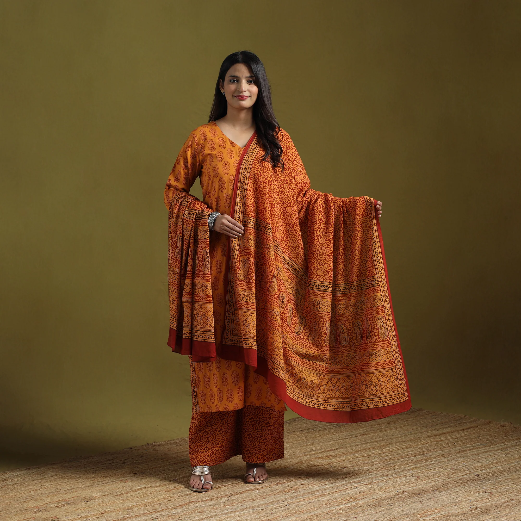 Orange - Natural Dyed Hand Block Bagh Print Cotton Suit Set with Dupatta for Women 16