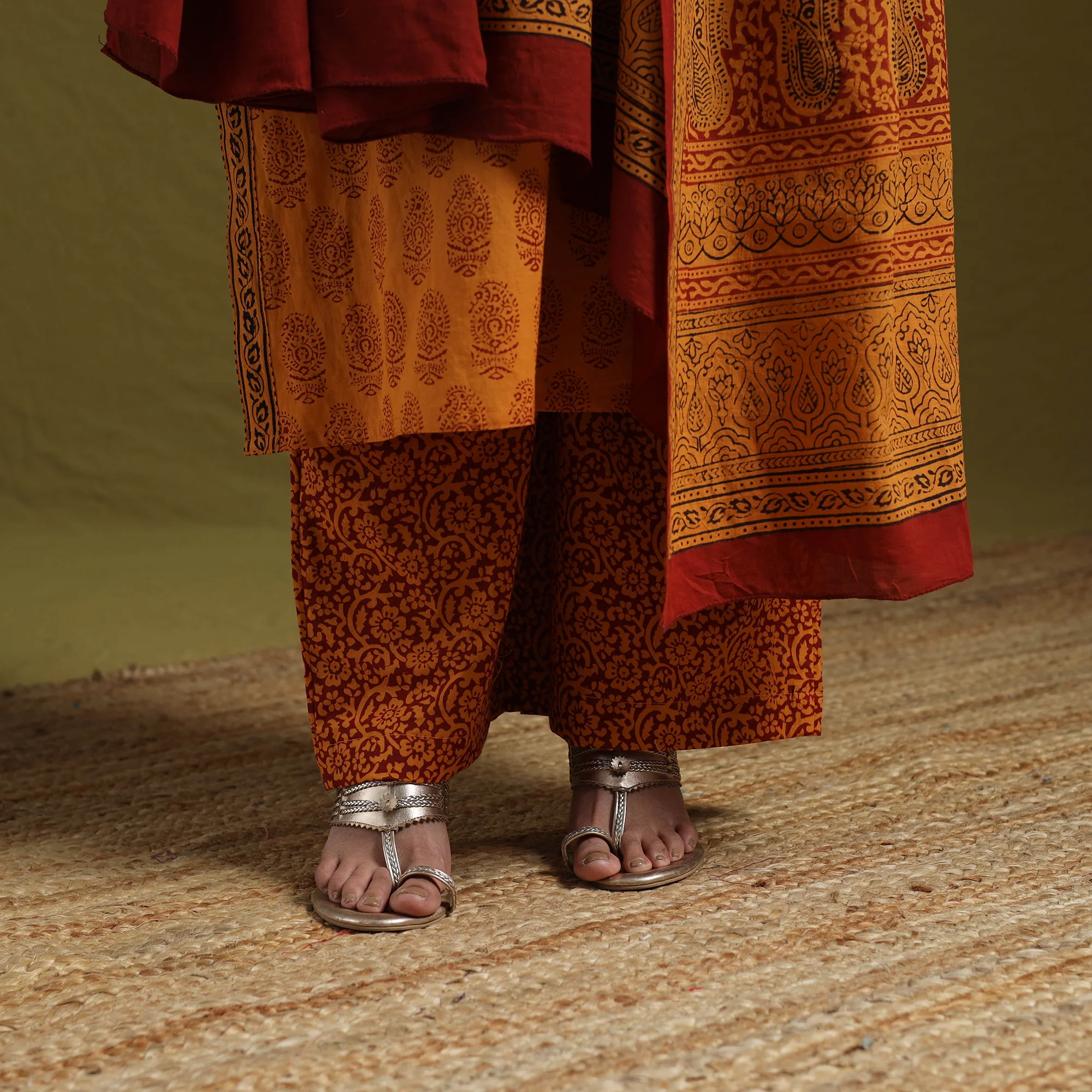 Orange - Natural Dyed Hand Block Bagh Print Cotton Suit Set with Dupatta for Women 16 - Image 5