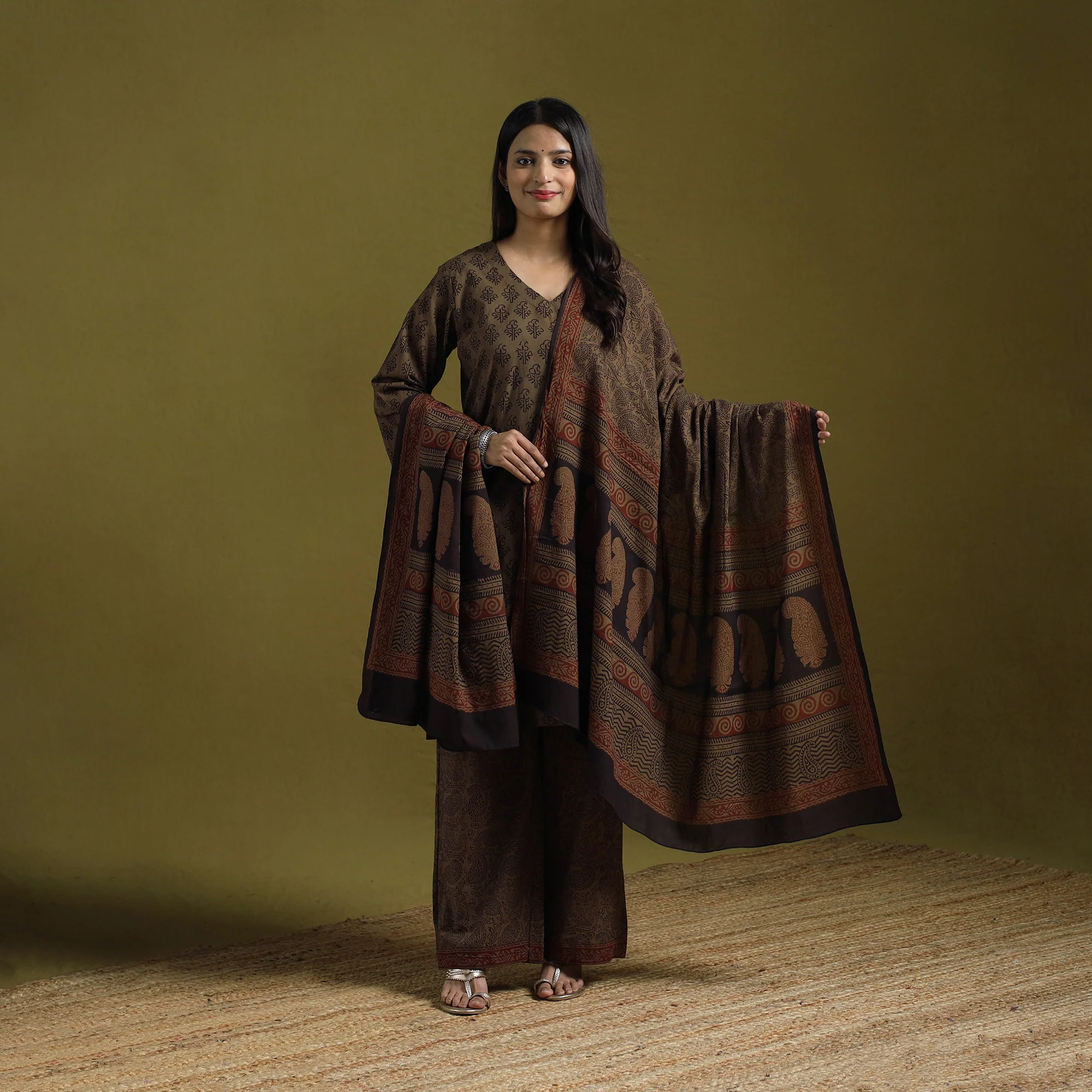 Brown - Natural Dyed Hand Block Bagh Print Cotton Suit Set with Dupatta for Women 19