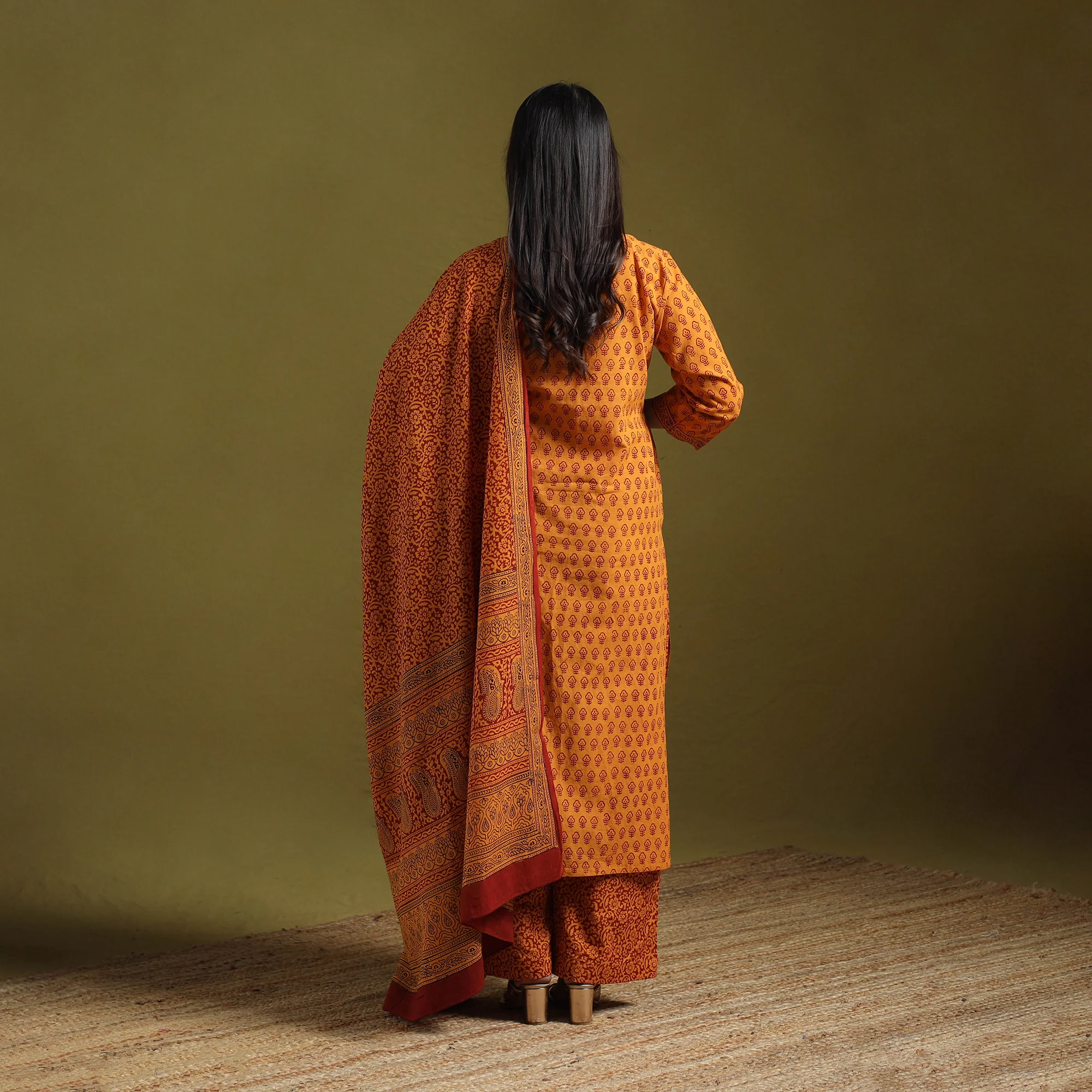 Orange - Natural Dyed Hand Block Bagh Print Cotton Suit Set with Dupatta for Women 22 - Image 4