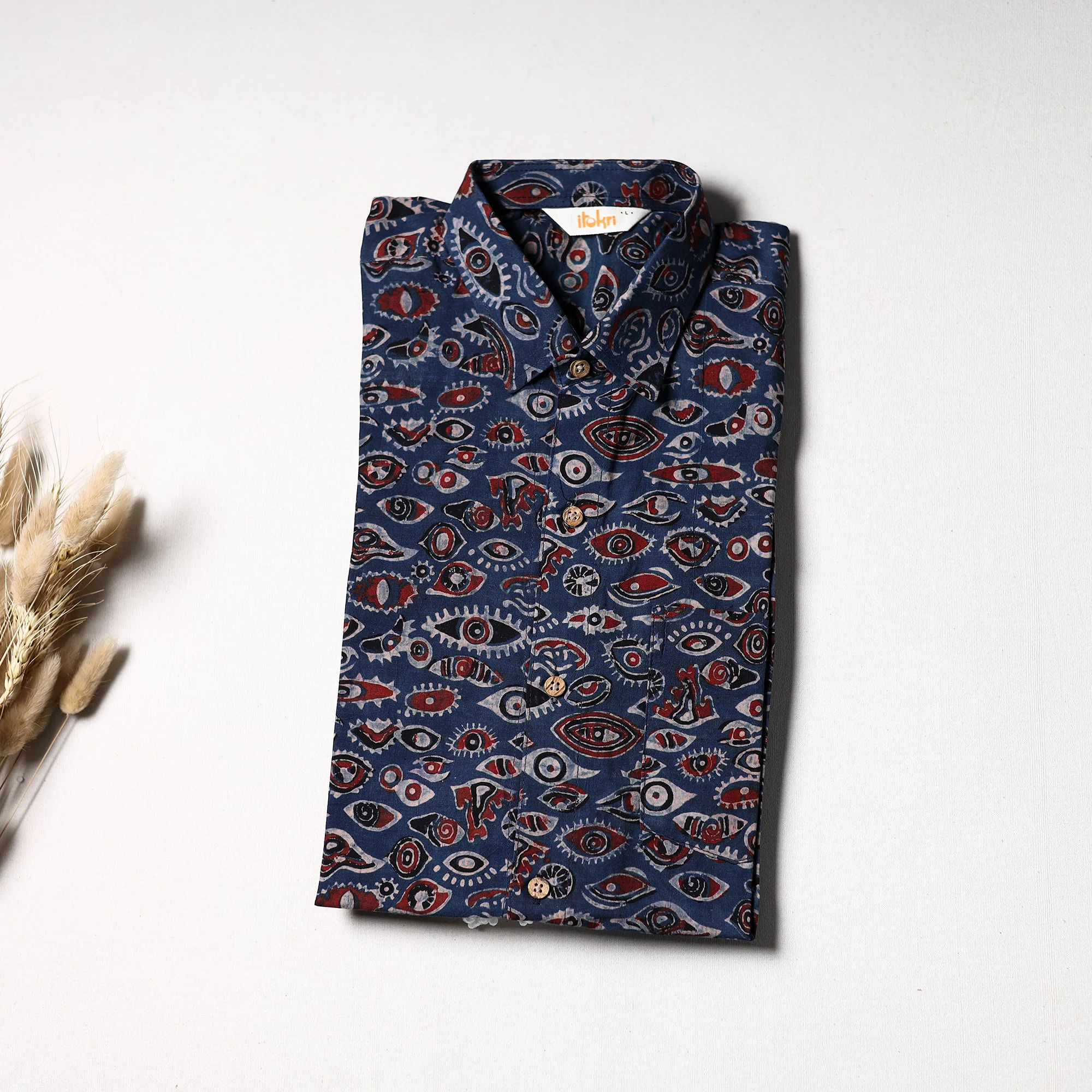 Blue - Natural Dyed Hand Block Print Cotton Men Half Sleeve Ajrakh Shirt 02 - Image 3