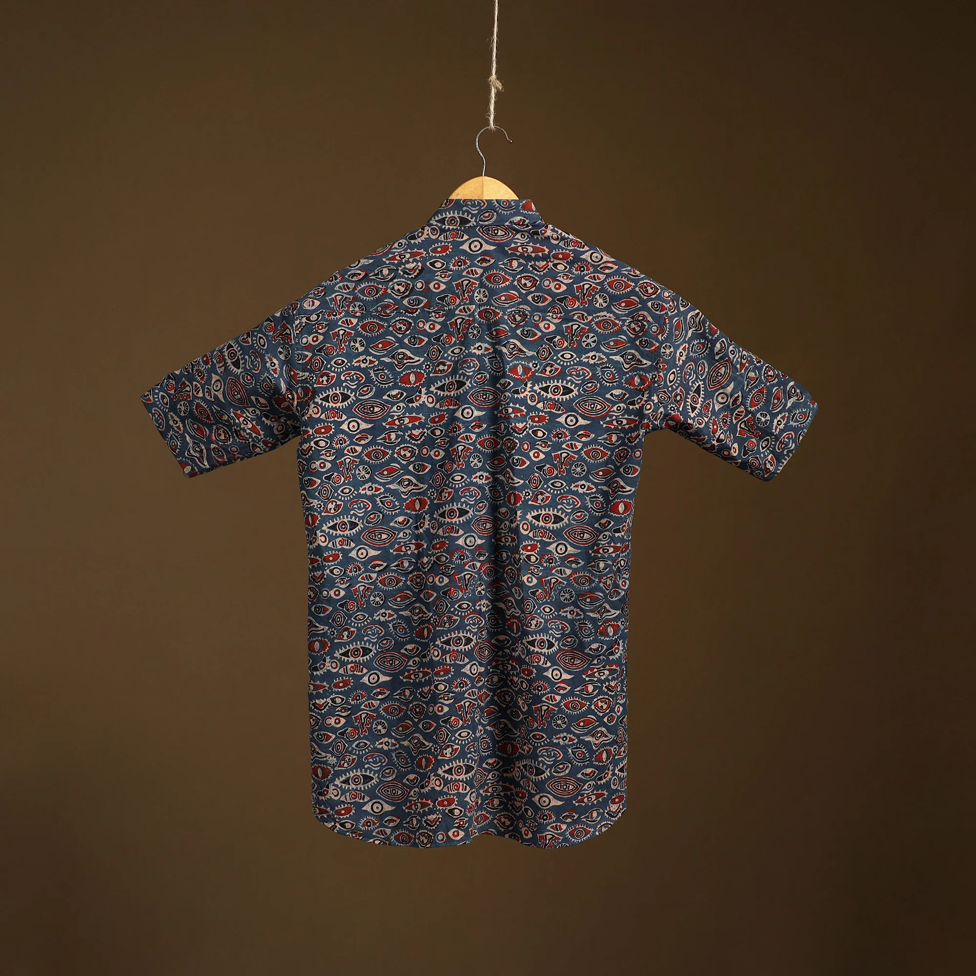 Blue - Natural Dyed Hand Block Print Cotton Men Half Sleeve Ajrakh Shirt 02 - Image 5
