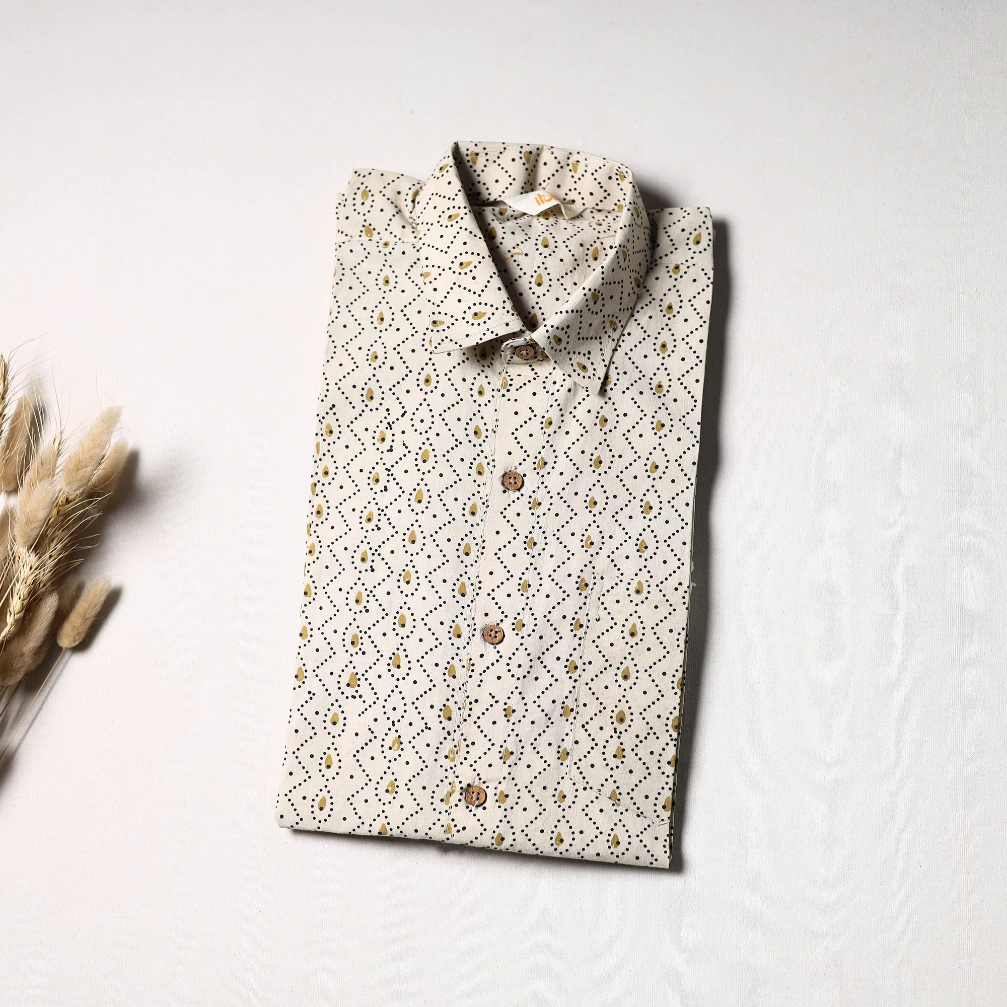 Beige - Natural Dyed Hand Block Print Cotton Men Half Sleeve Ajrakh Shirt 05 - Image 3