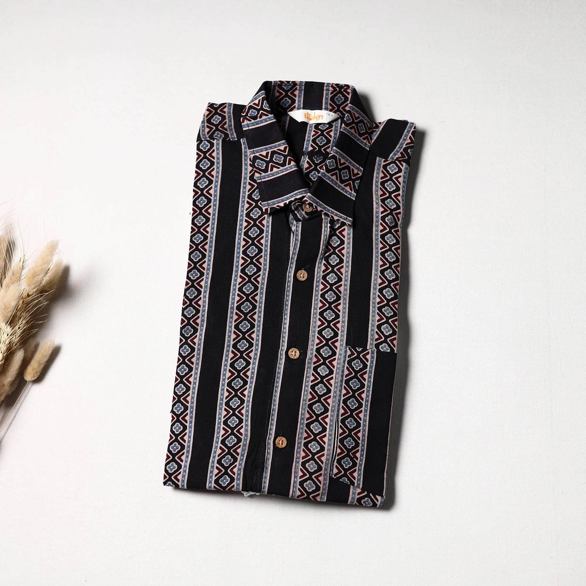 Black - Natural Dyed Hand Block Print Cotton Men Half Sleeve Ajrakh Shirt 10 - Image 3
