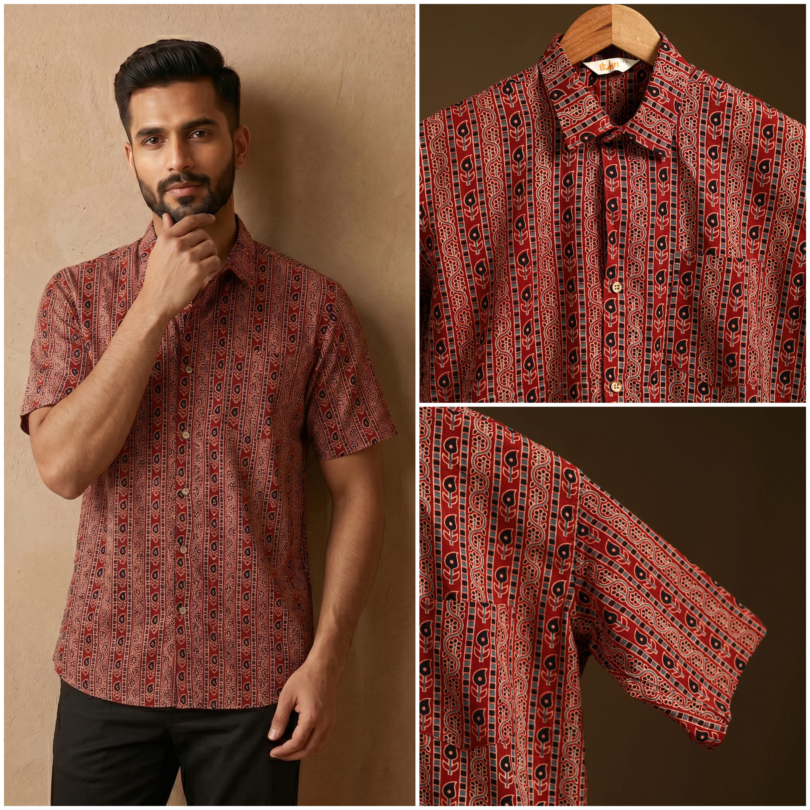 Maroon - Natural Dyed Hand Block Print Cotton Men Half Sleeve Ajrakh Shirt 12 - Image 2