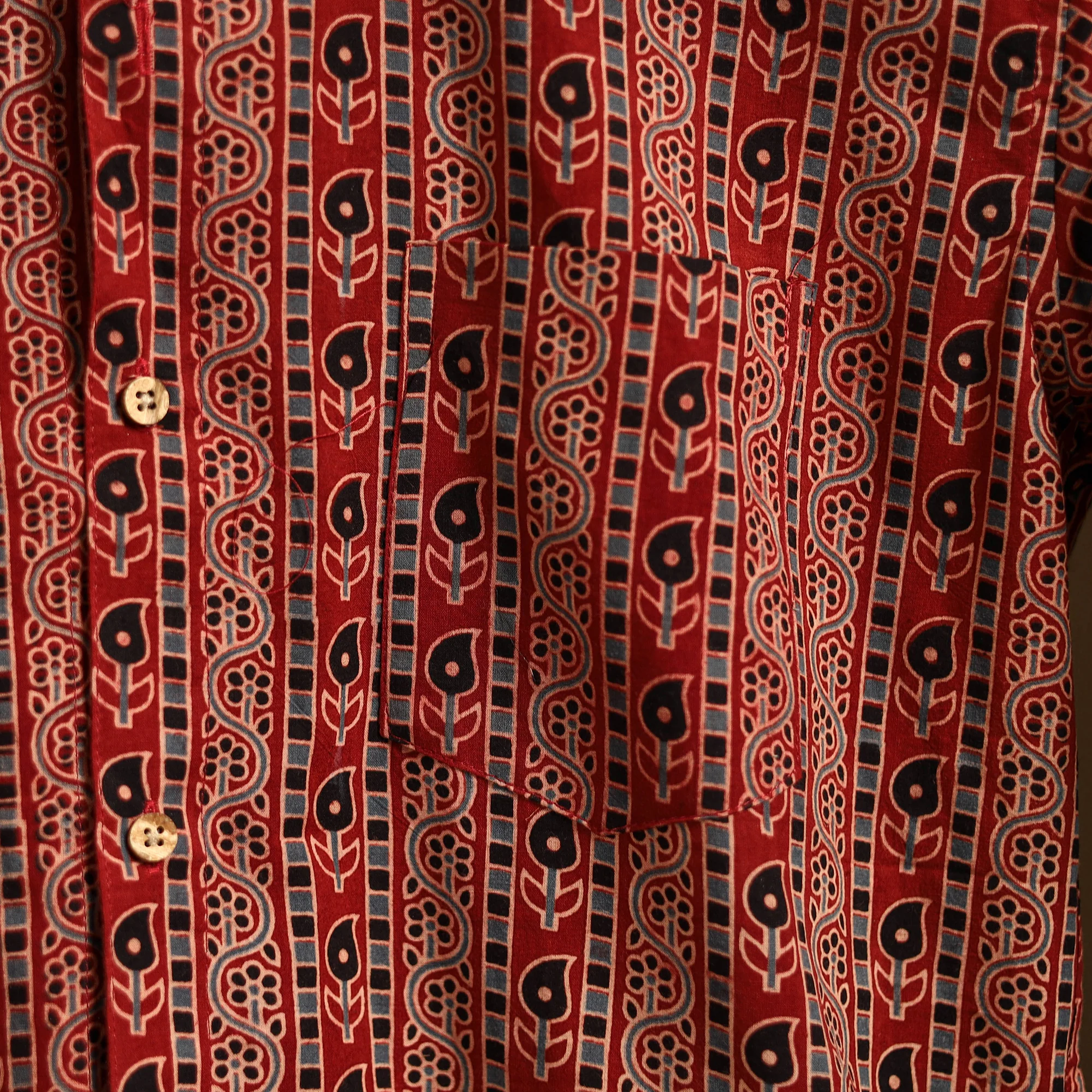 Maroon - Natural Dyed Hand Block Print Cotton Men Half Sleeve Ajrakh Shirt 12 - Image 4