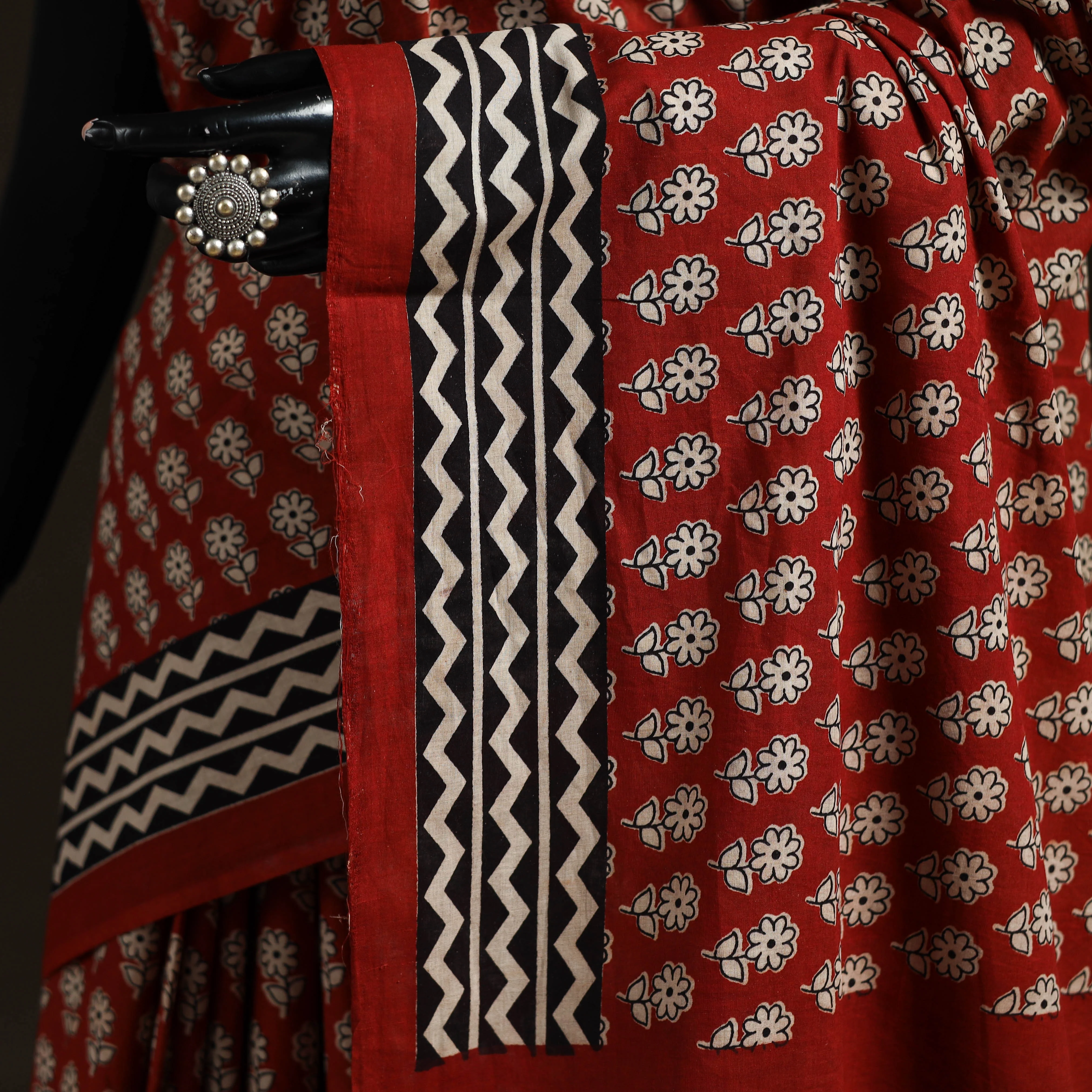 Red - Natural Dyed Hand Block Print Pure Mul Cotton Bagru Saree 11 - Image 3