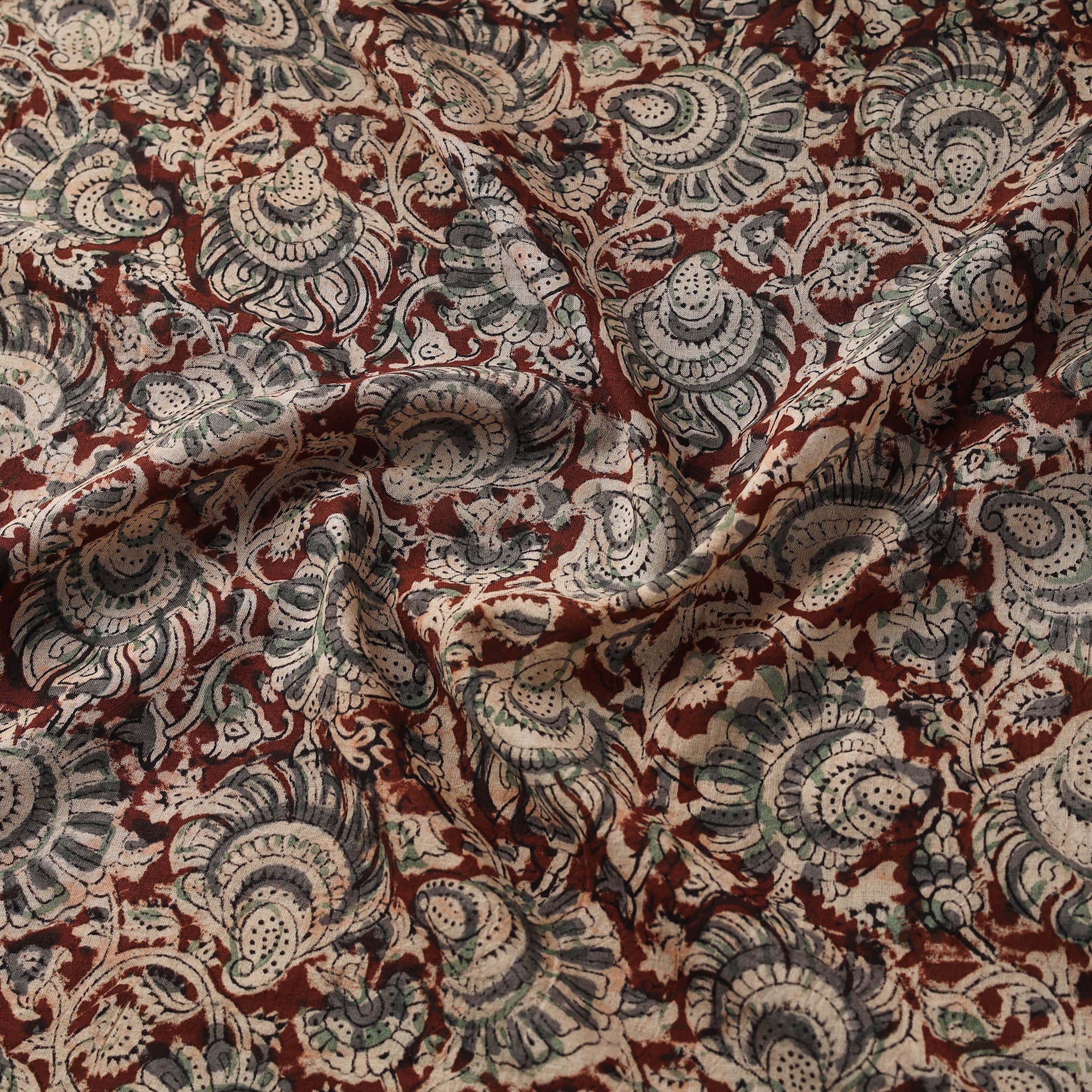 Brown - Natural Dyed Hand Block Print Pure Mul Cotton Pedana Kalamkari Fabric 04 - Image 3