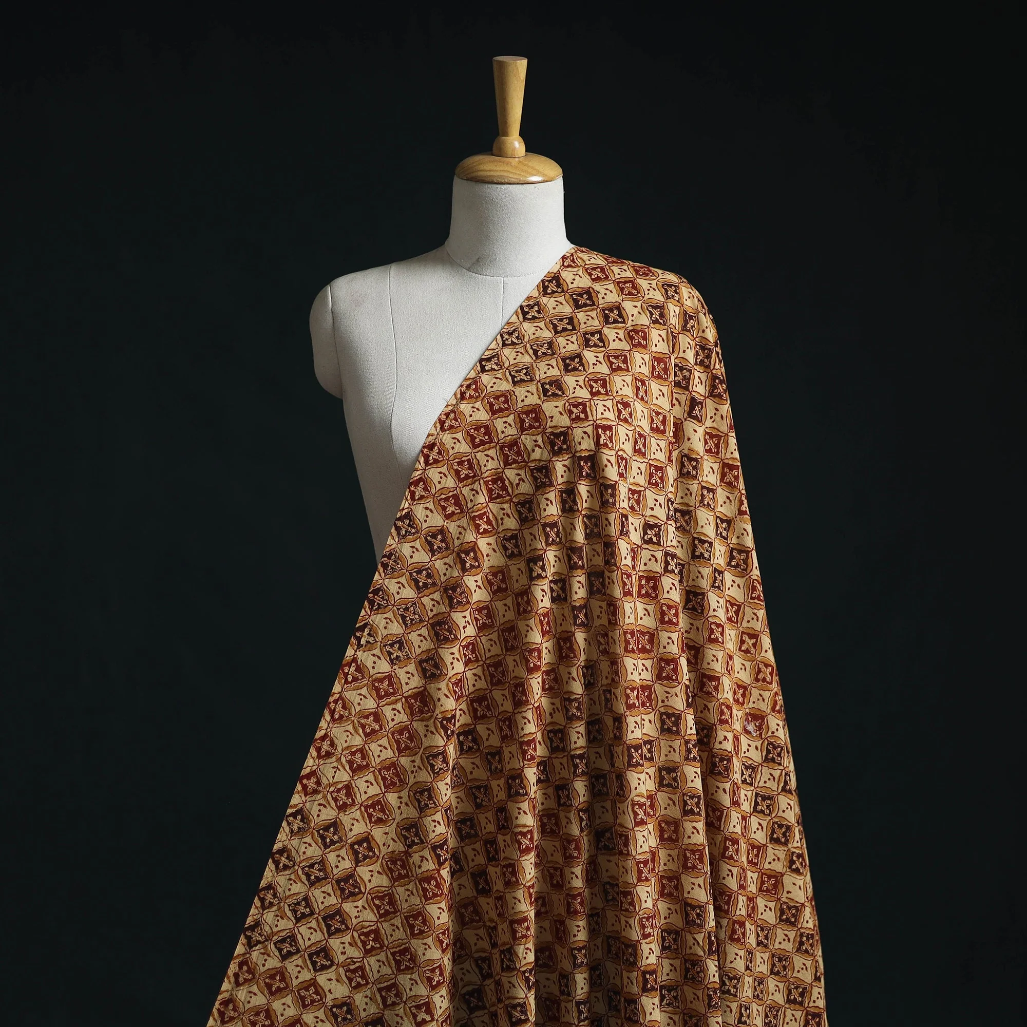 Brown - Natural Dyed Hand Block Print Pure Mul Cotton Pedana Kalamkari Fabric 16
