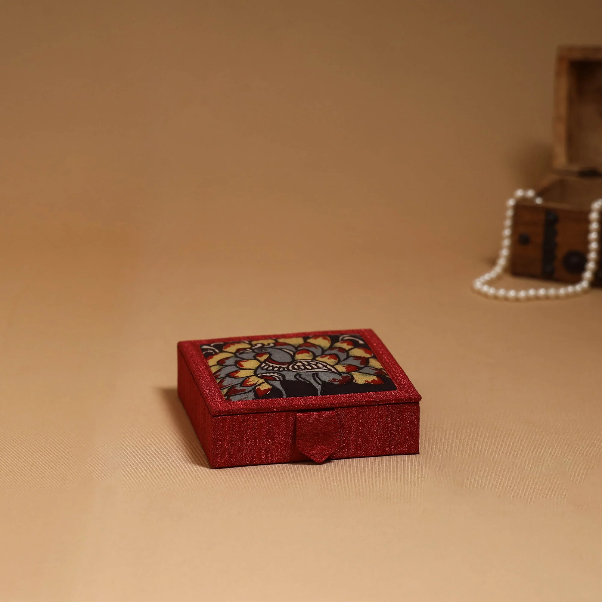 Red - Natural Dyed Handpainted Kalamkari Jewellery Box 14