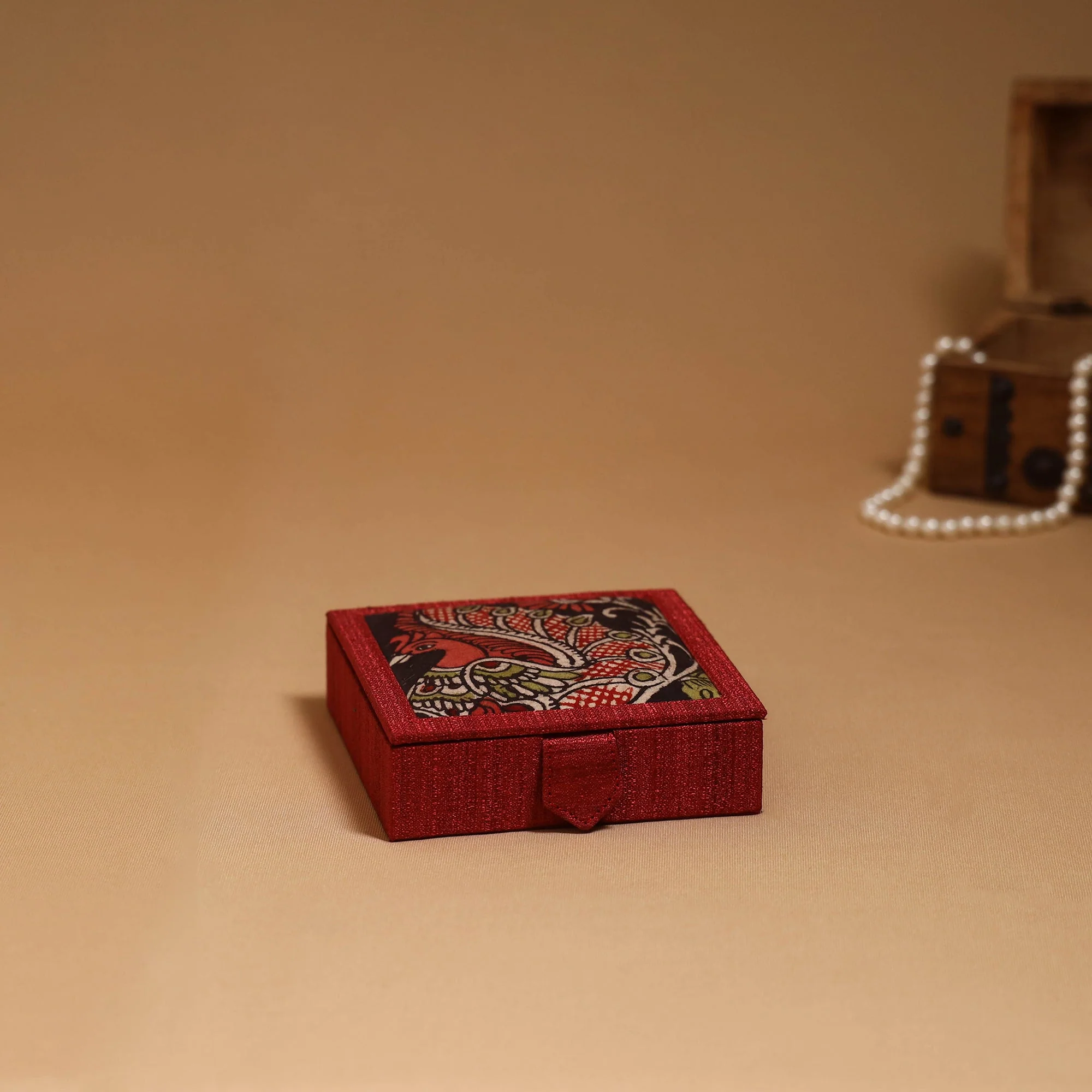 Red - Natural Dyed Handpainted Kalamkari Jewellery Box 16