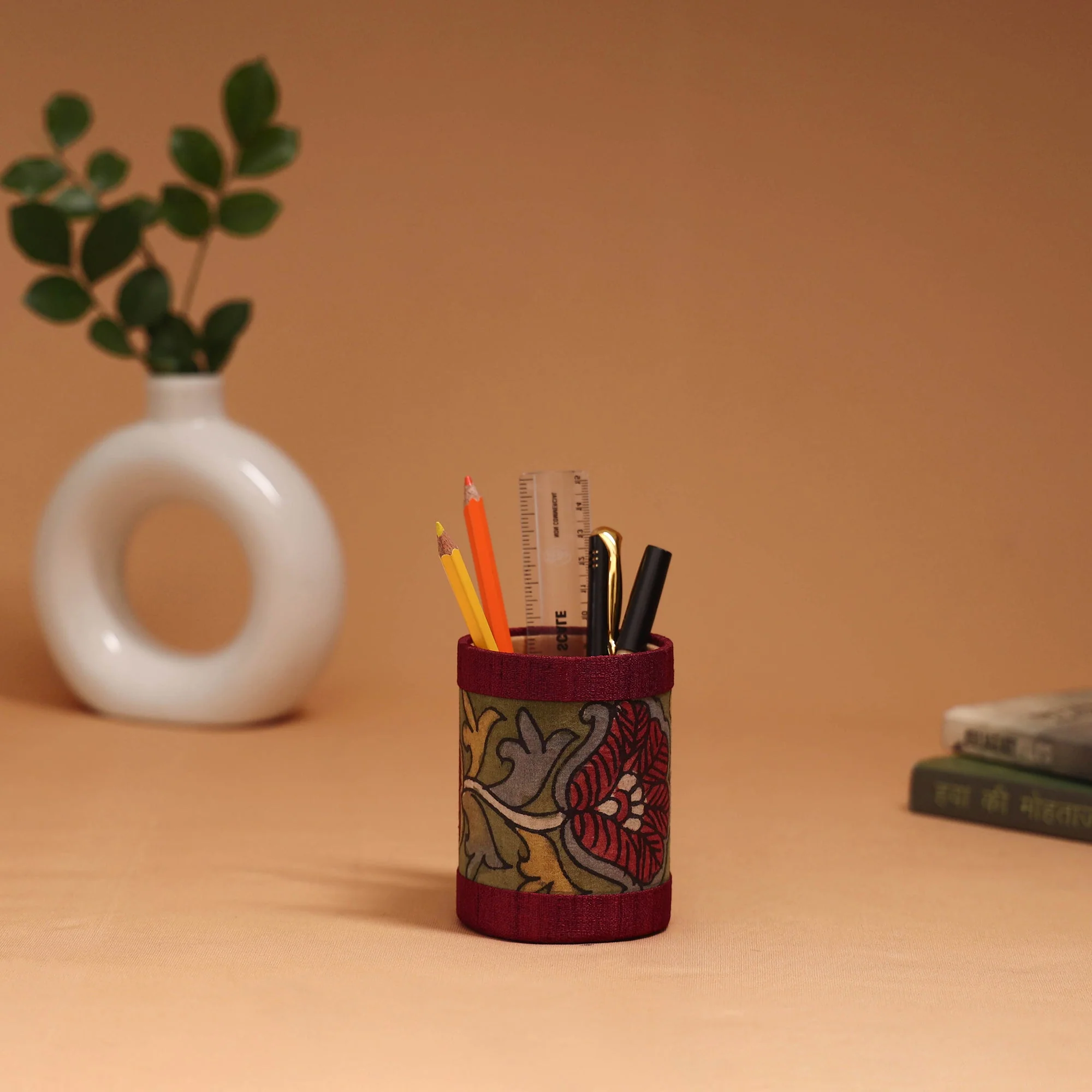 Red - Natural Dyed Handpainted Kalamkari Pen Stand 11 - Image 2