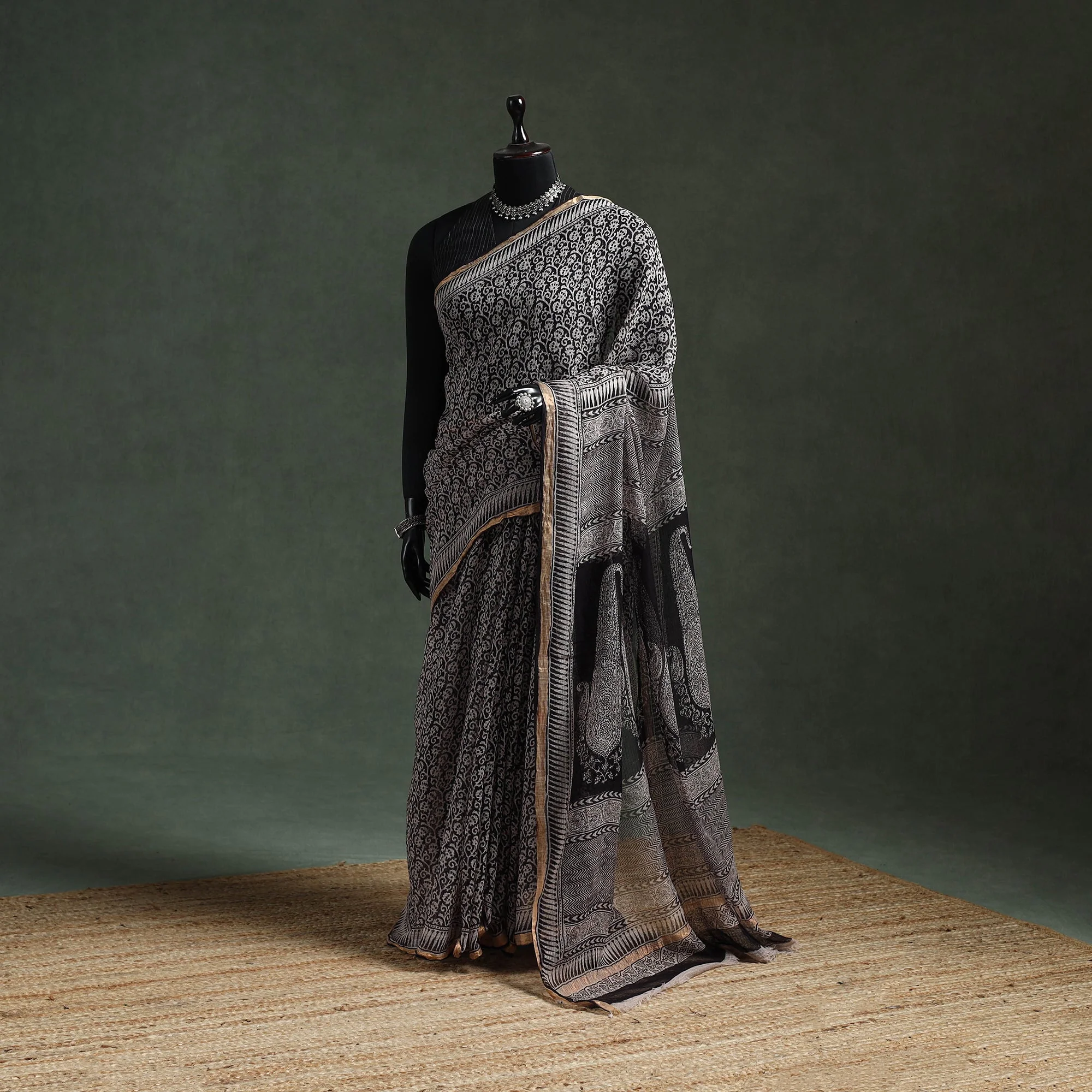 Black - Natural Dyed Kota Doria Cotton Hand Block Bagh Print Saree 09