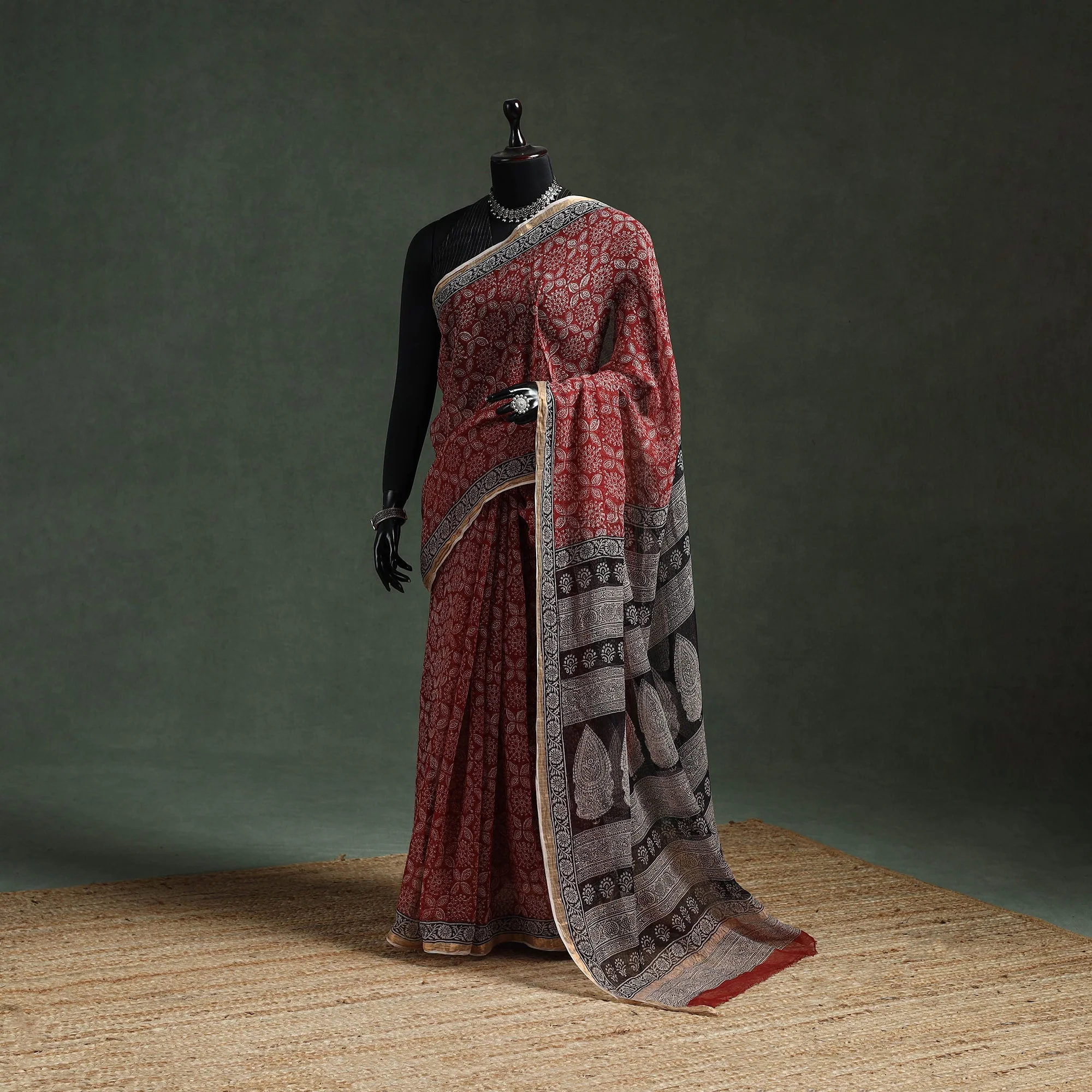 Red - Natural Dyed Kota Doria Cotton Hand Block Bagh Print Saree 10