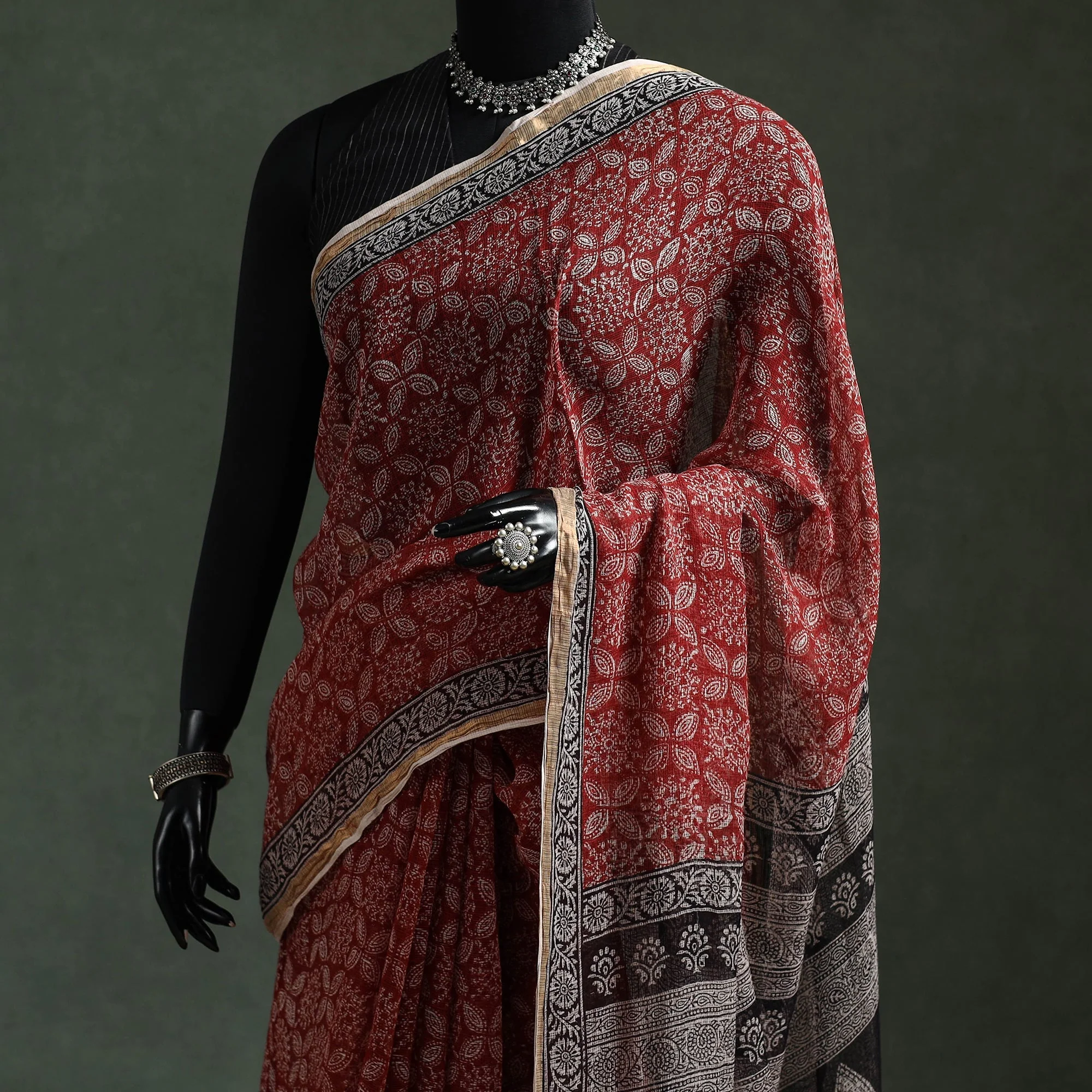 Red - Natural Dyed Kota Doria Cotton Hand Block Bagh Print Saree 10 - Image 2