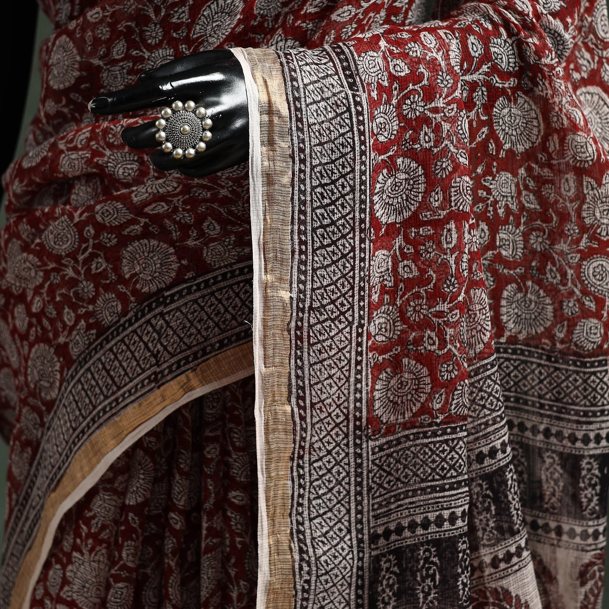 Red - Natural Dyed Kota Doria Cotton Hand Block Bagh Print Saree 12 - Image 3