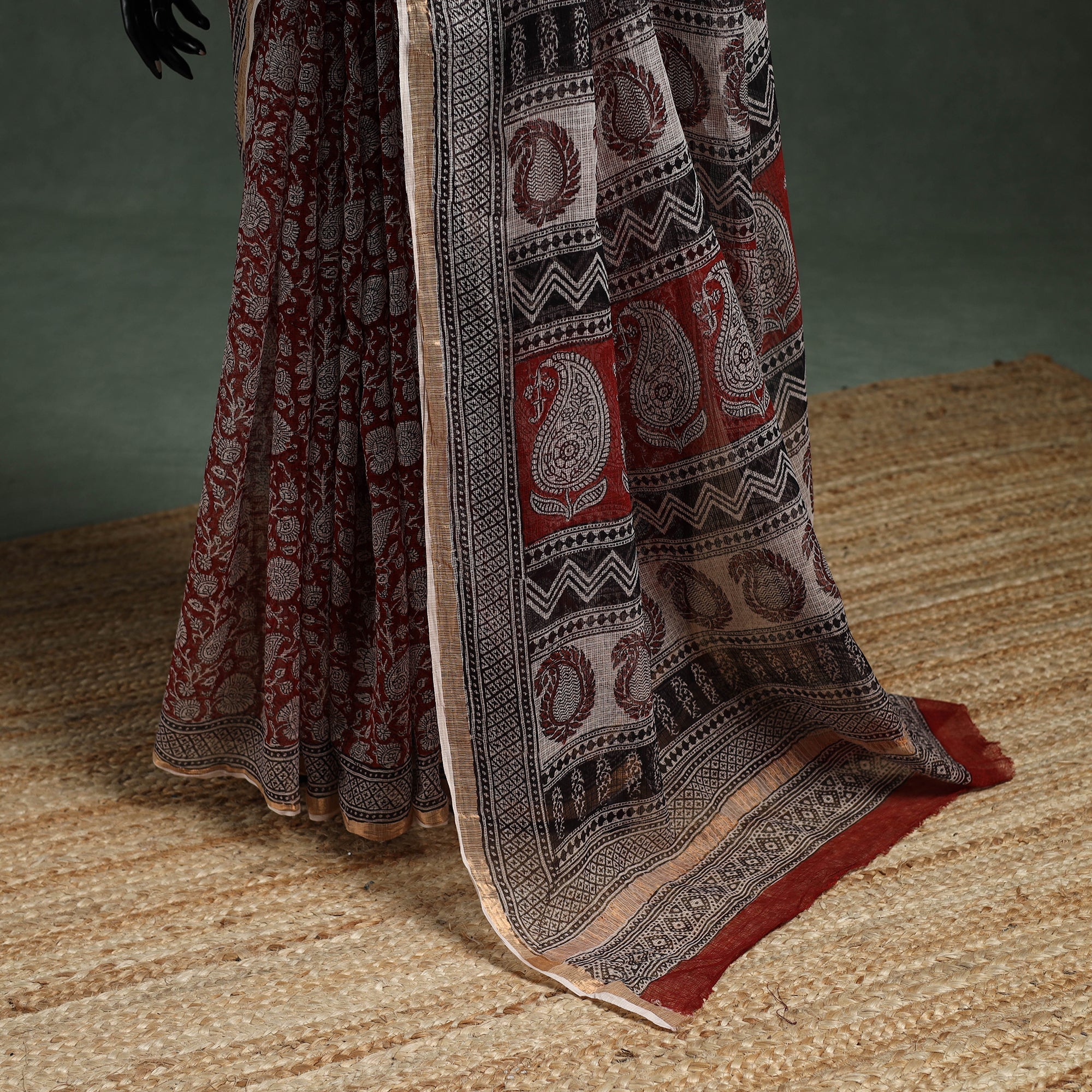 Red - Natural Dyed Kota Doria Cotton Hand Block Bagh Print Saree 12 - Image 4