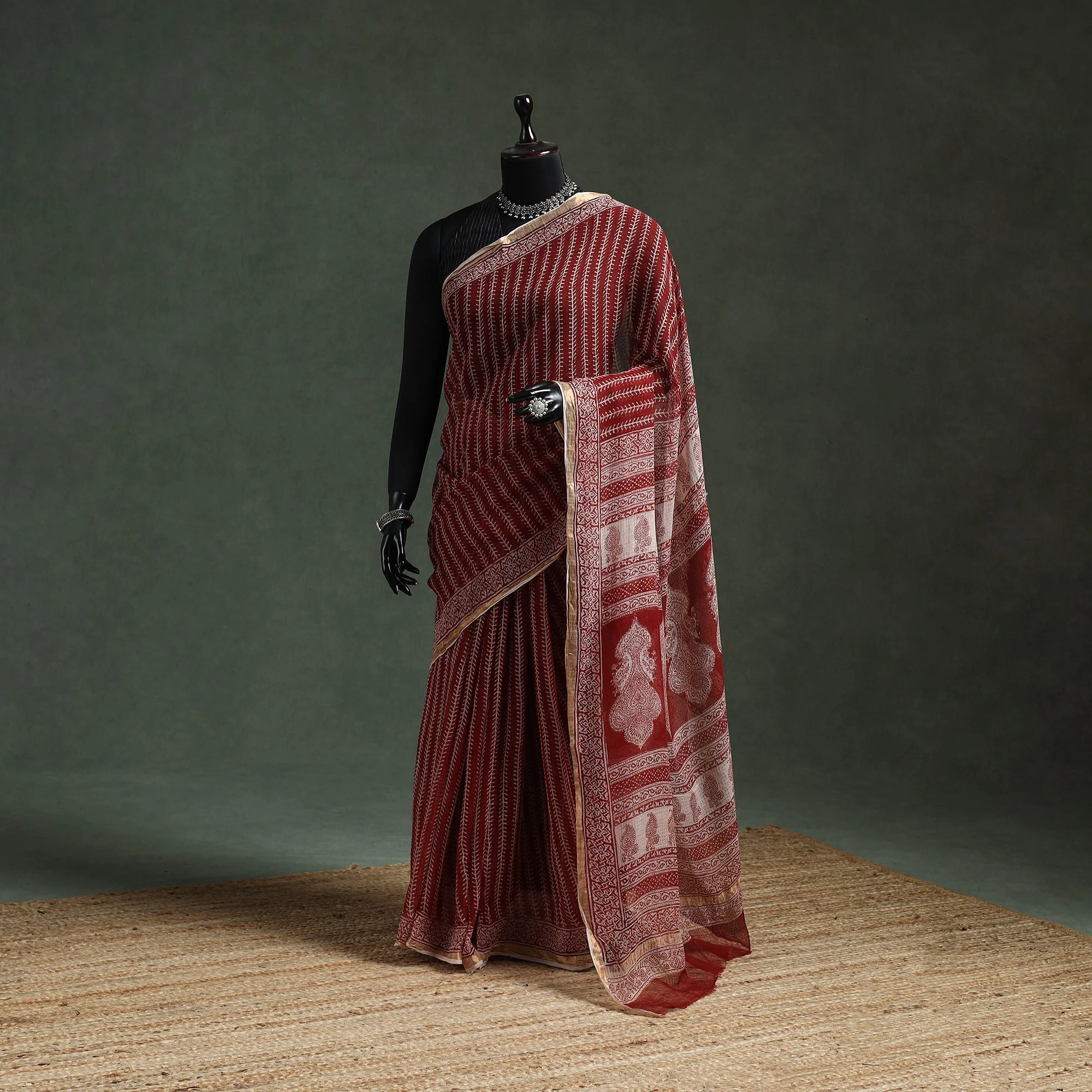 Red - Natural Dyed Kota Doria Cotton Hand Block Bagh Print Saree 14