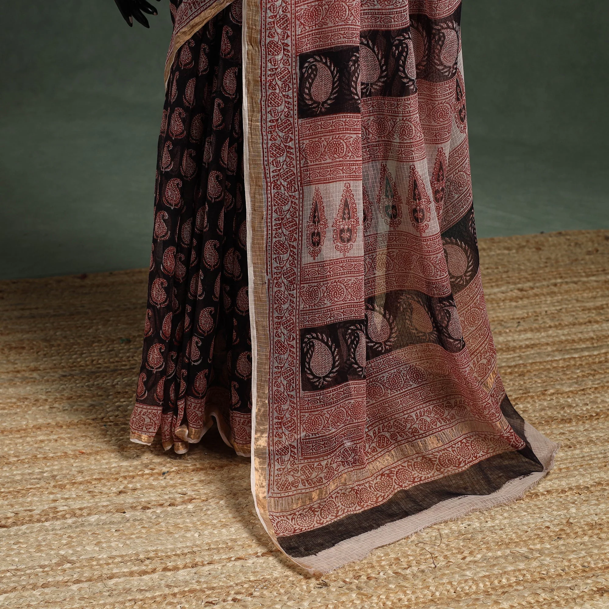 Black - Natural Dyed Kota Doria Cotton Hand Block Bagh Print Saree 18 - Image 4