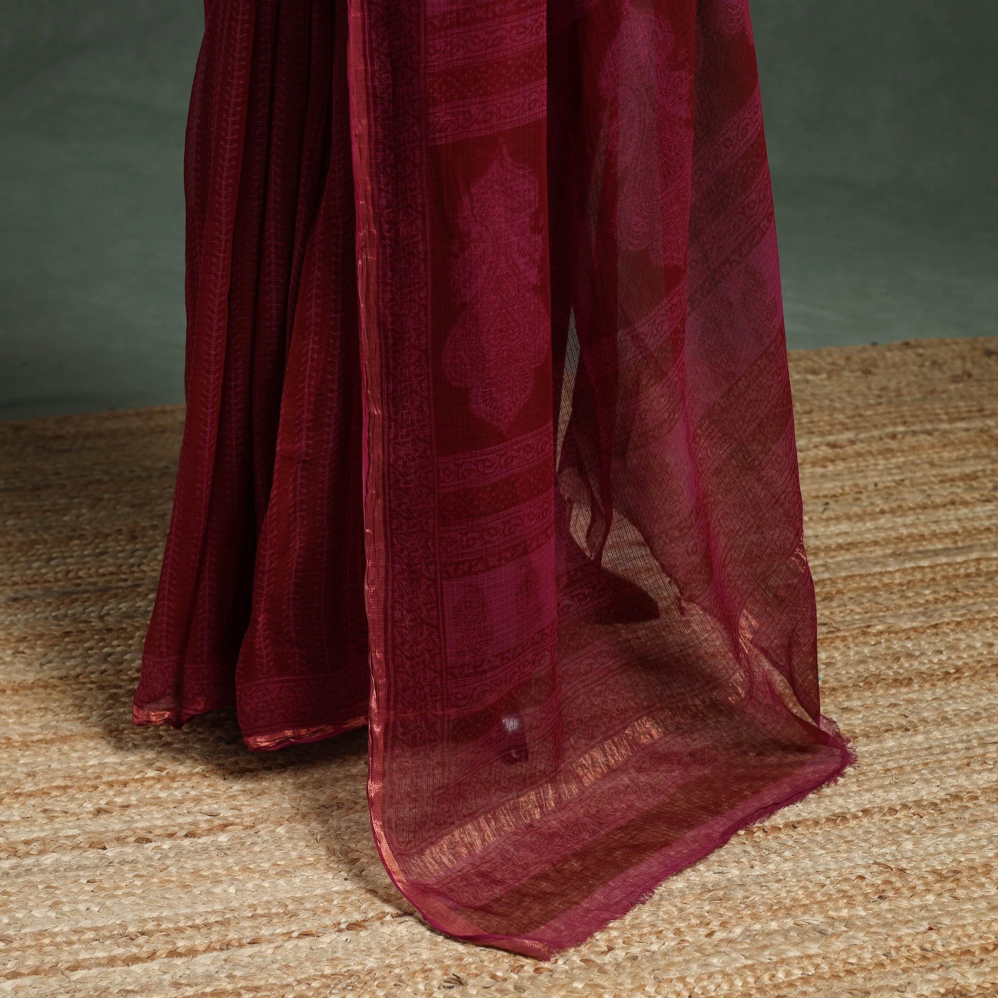 Pink - Natural Dyed Kota Doria Cotton Hand Block Bagh Print Saree 25 - Image 4