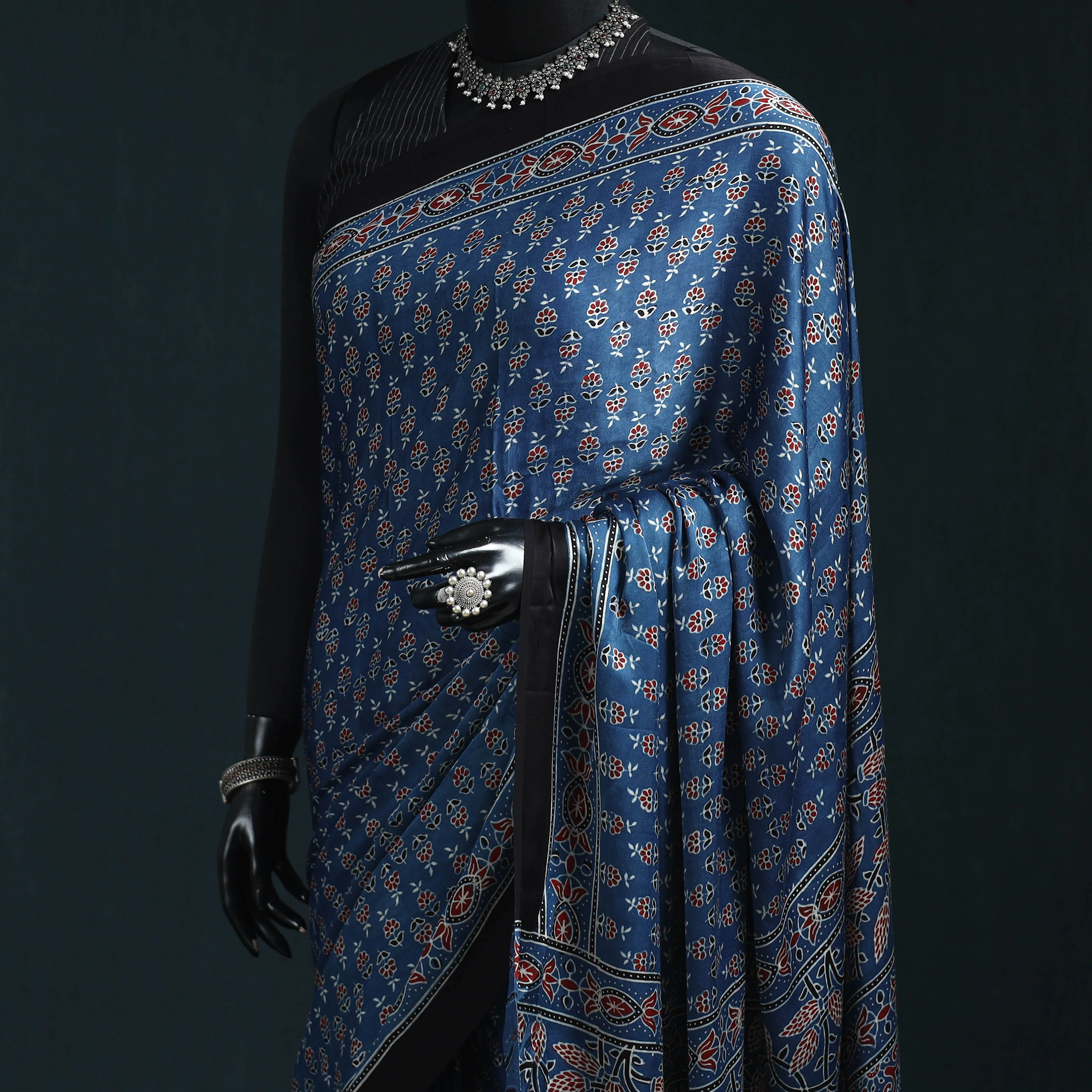 Blue - Natural Dyed Modal Silk Kutch Hand Block Print Ajrakh Saree 05 - Image 2