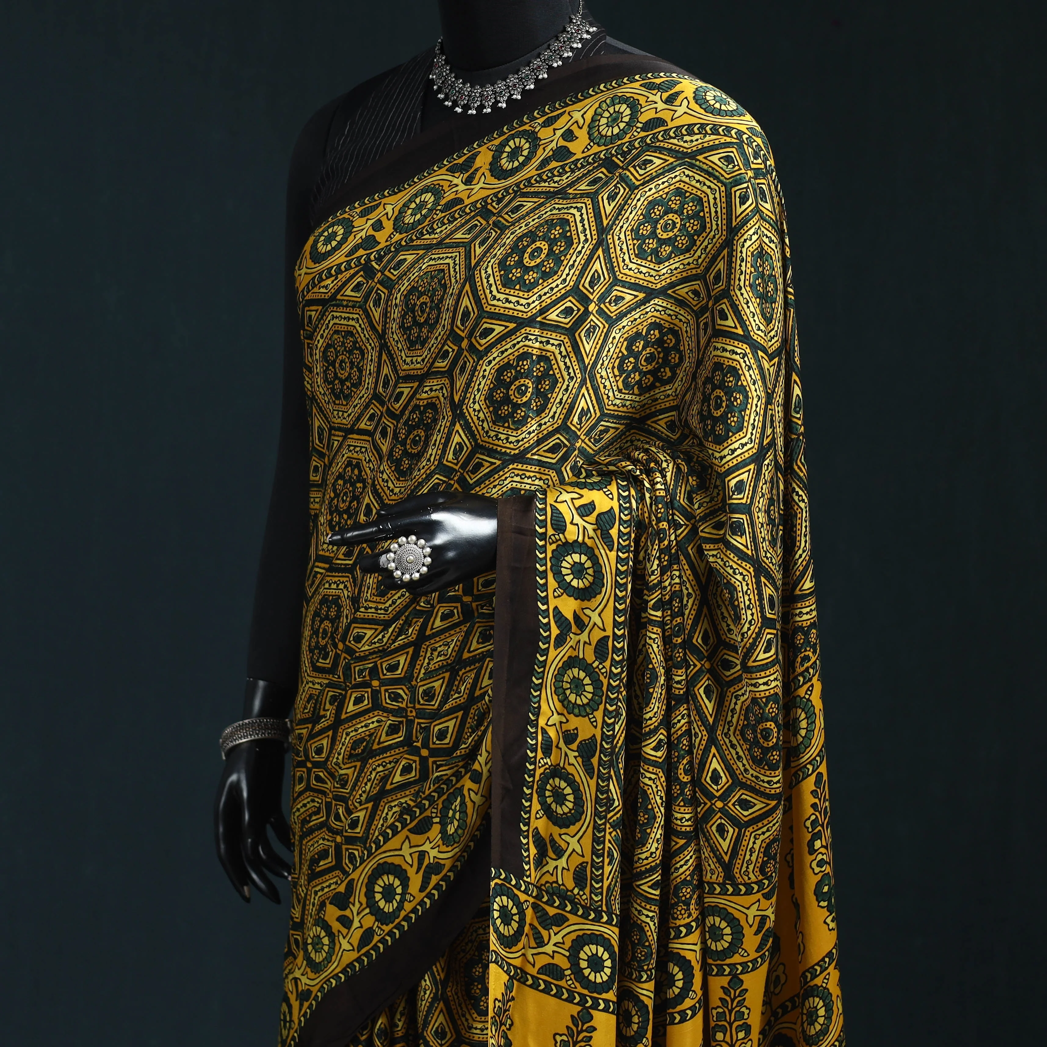Yellow - Natural Dyed Modal Silk Kutch Hand Block Print Ajrakh Saree 06 - Image 2