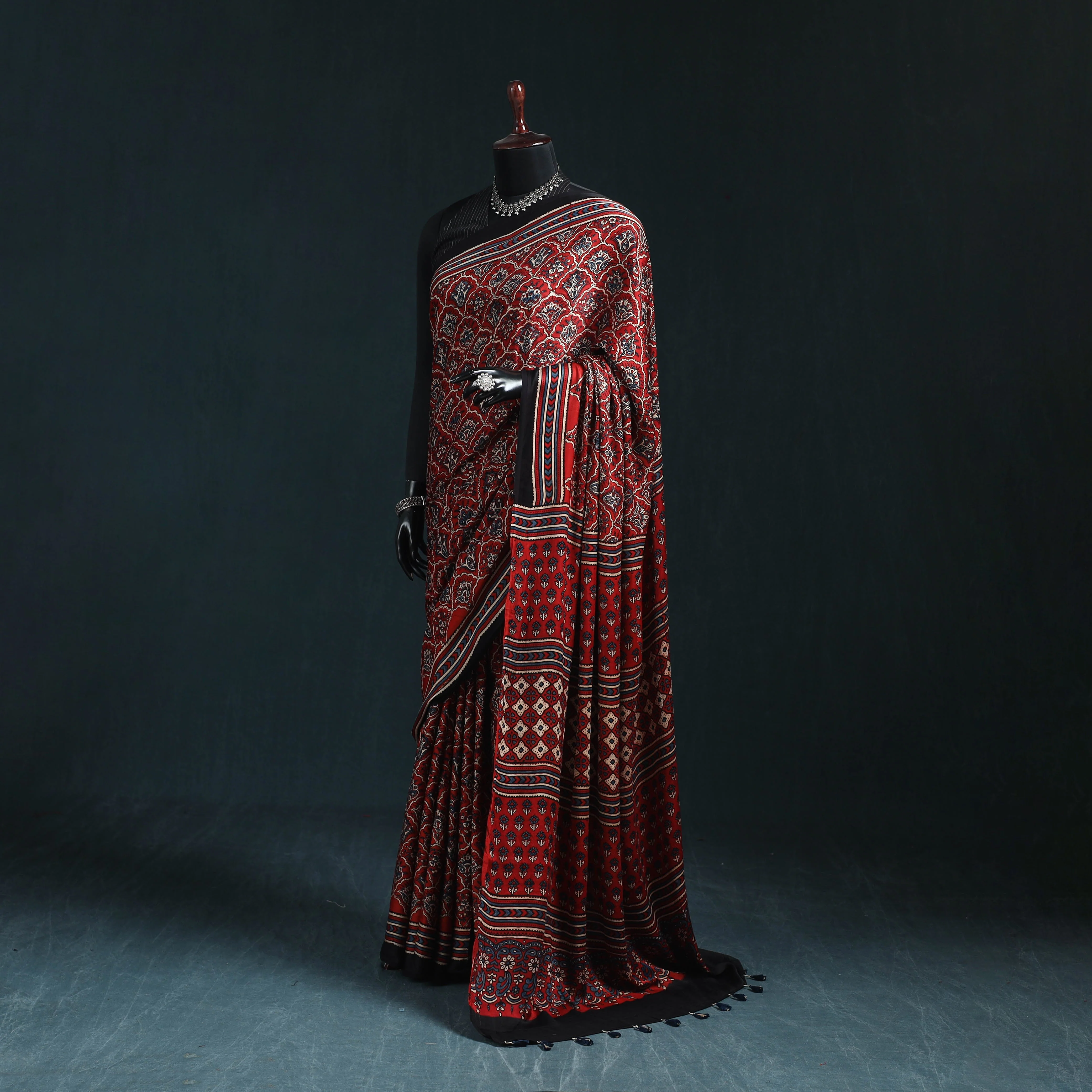 Red - Natural Dyed Modal Silk Kutch Hand Block Print Ajrakh Saree 24