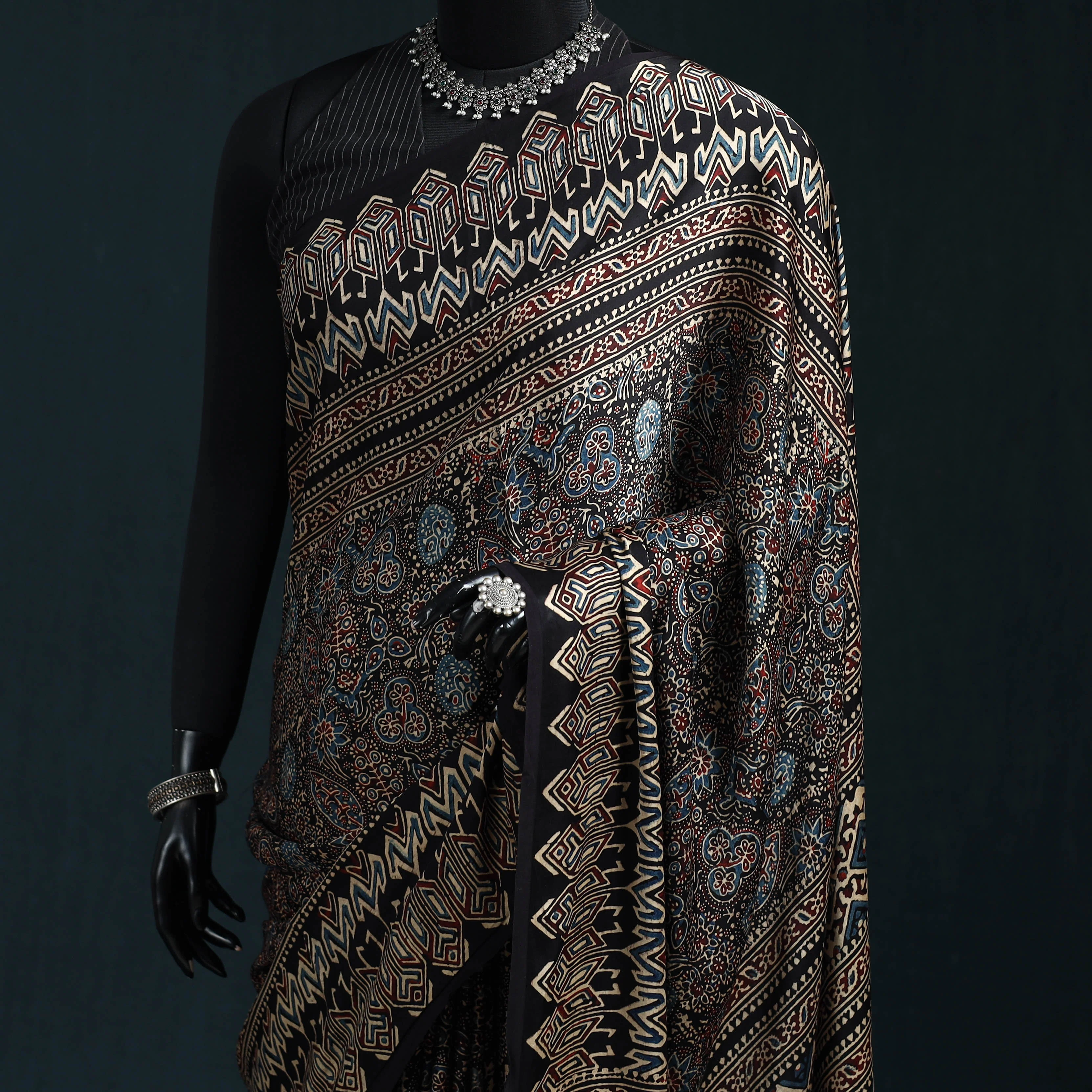 Black - Natural Dyed Modal Silk Kutch Hand Block Print Ajrakh Saree 36 - Image 2
