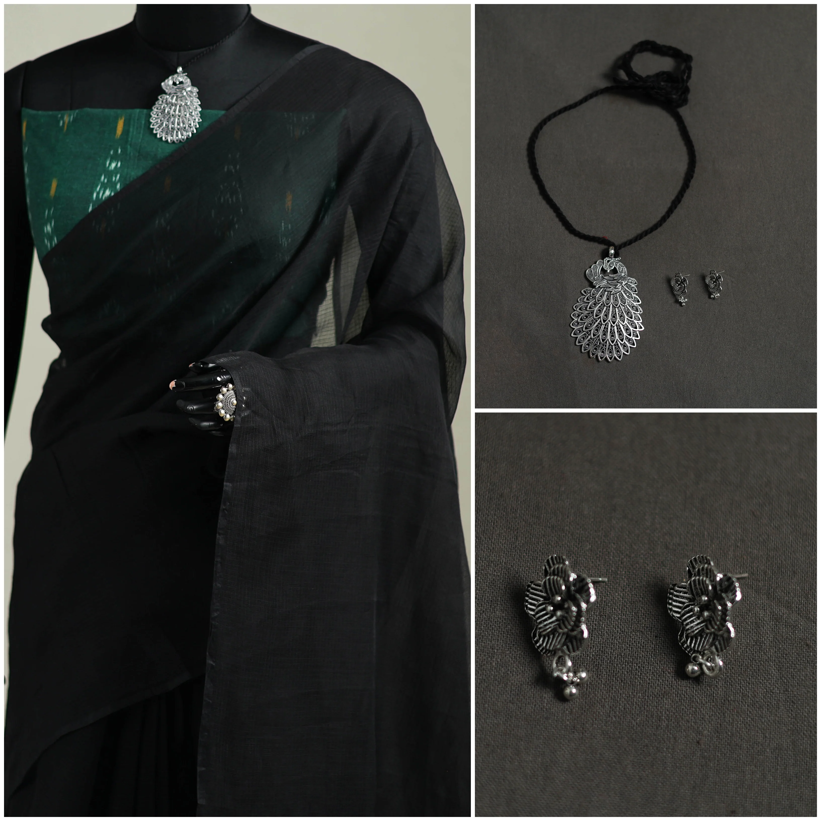 Black - Nazaakat Kota Doria Cotton Plain Saree with Blouse & Jewellery Set 09 - Image 3