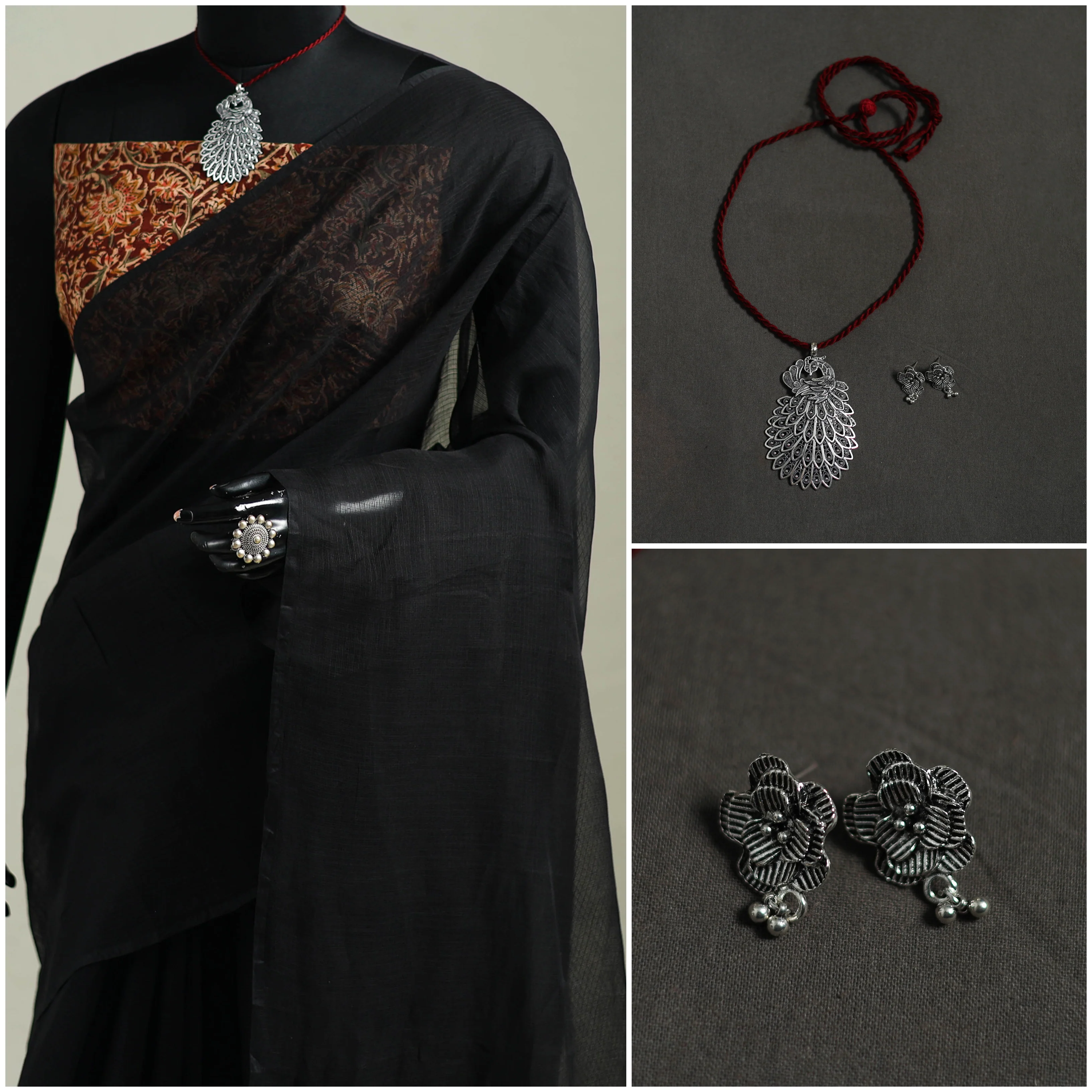 Black - Nazaakat Kota Doria Cotton Plain Saree with Blouse & Jewellery Set 10 - Image 3