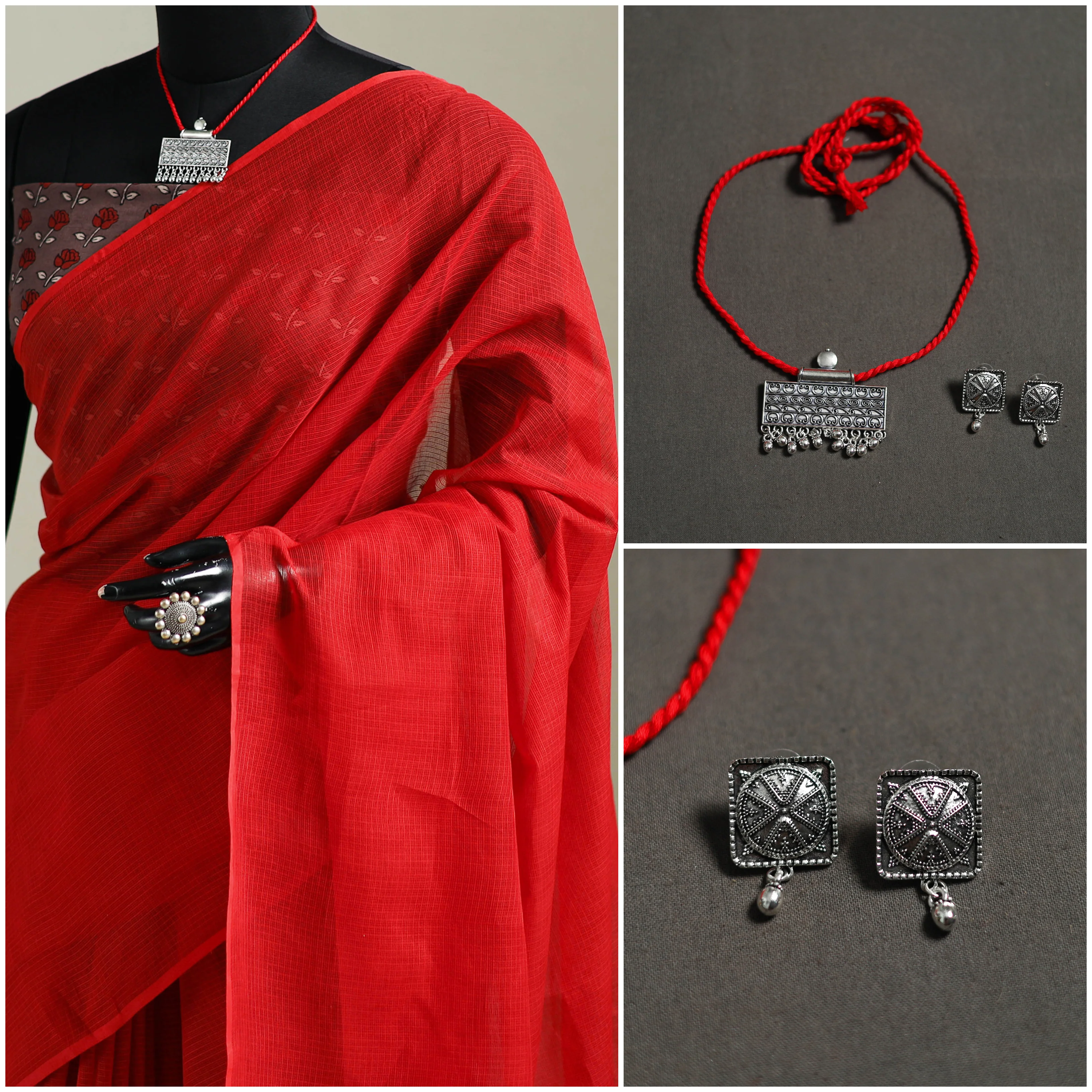 Red - Nazaakat Kota Doria Cotton Plain Saree with Blouse & Jewellery Set 105 - Image 3