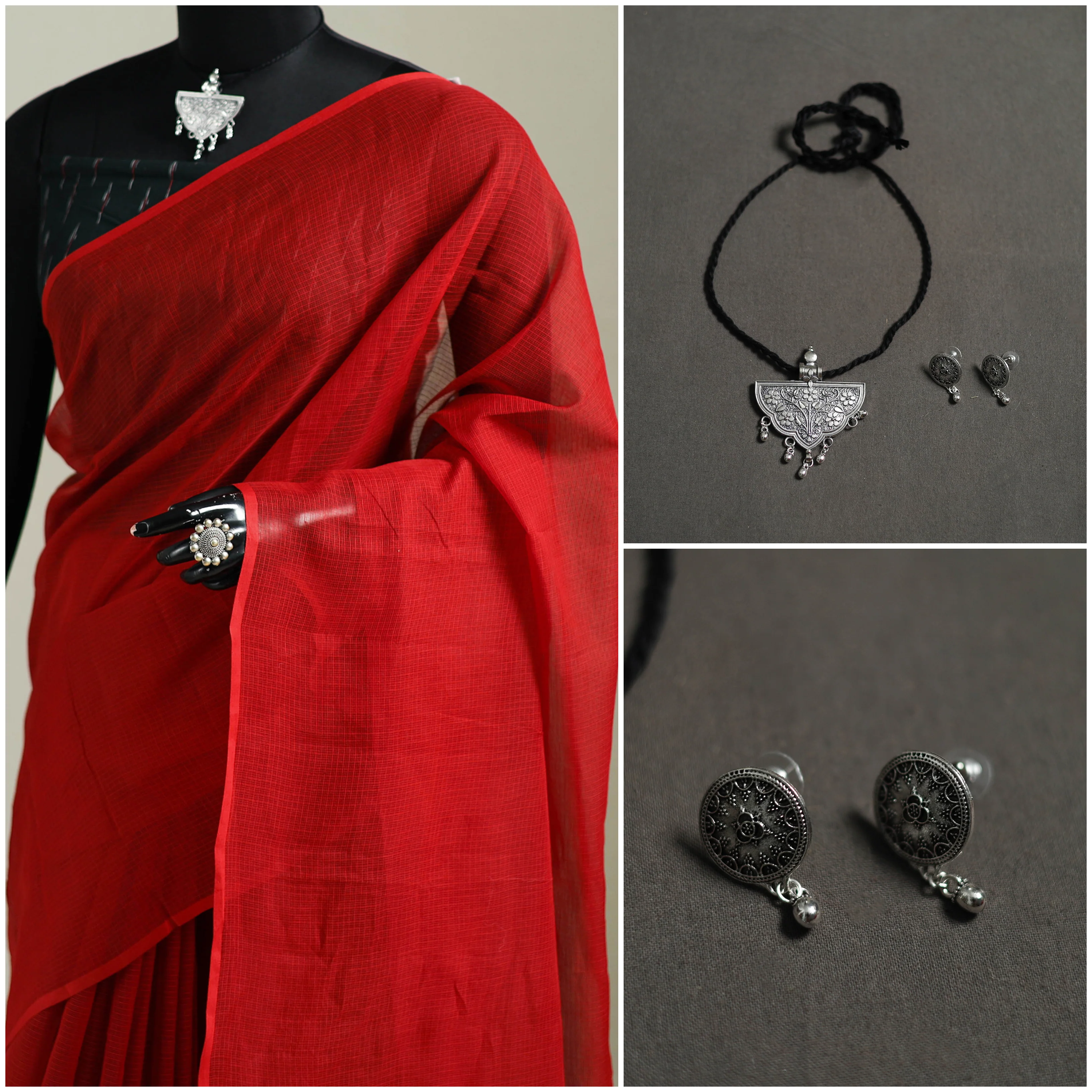 Red - Nazaakat Kota Doria Cotton Plain Saree with Blouse & Jewellery Set 112 - Image 3