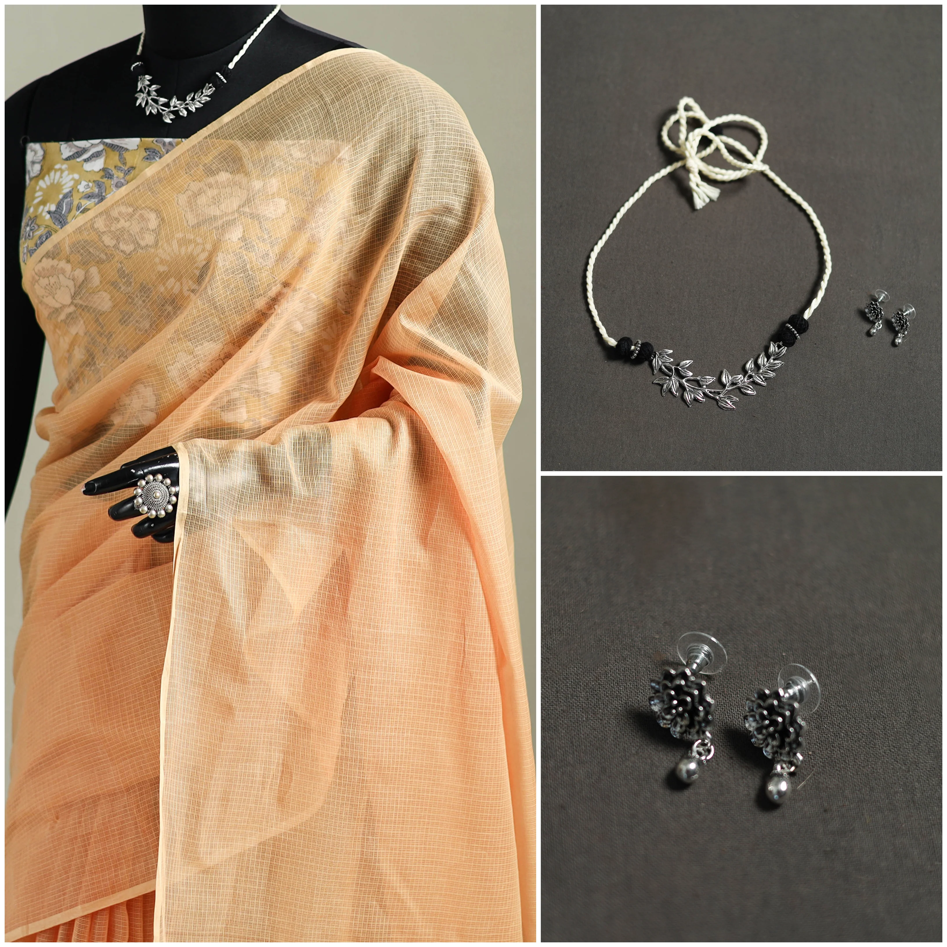 Peach - Nazaakat Kota Doria Cotton Plain Saree with Blouse & Jewellery Set 119 - Image 3