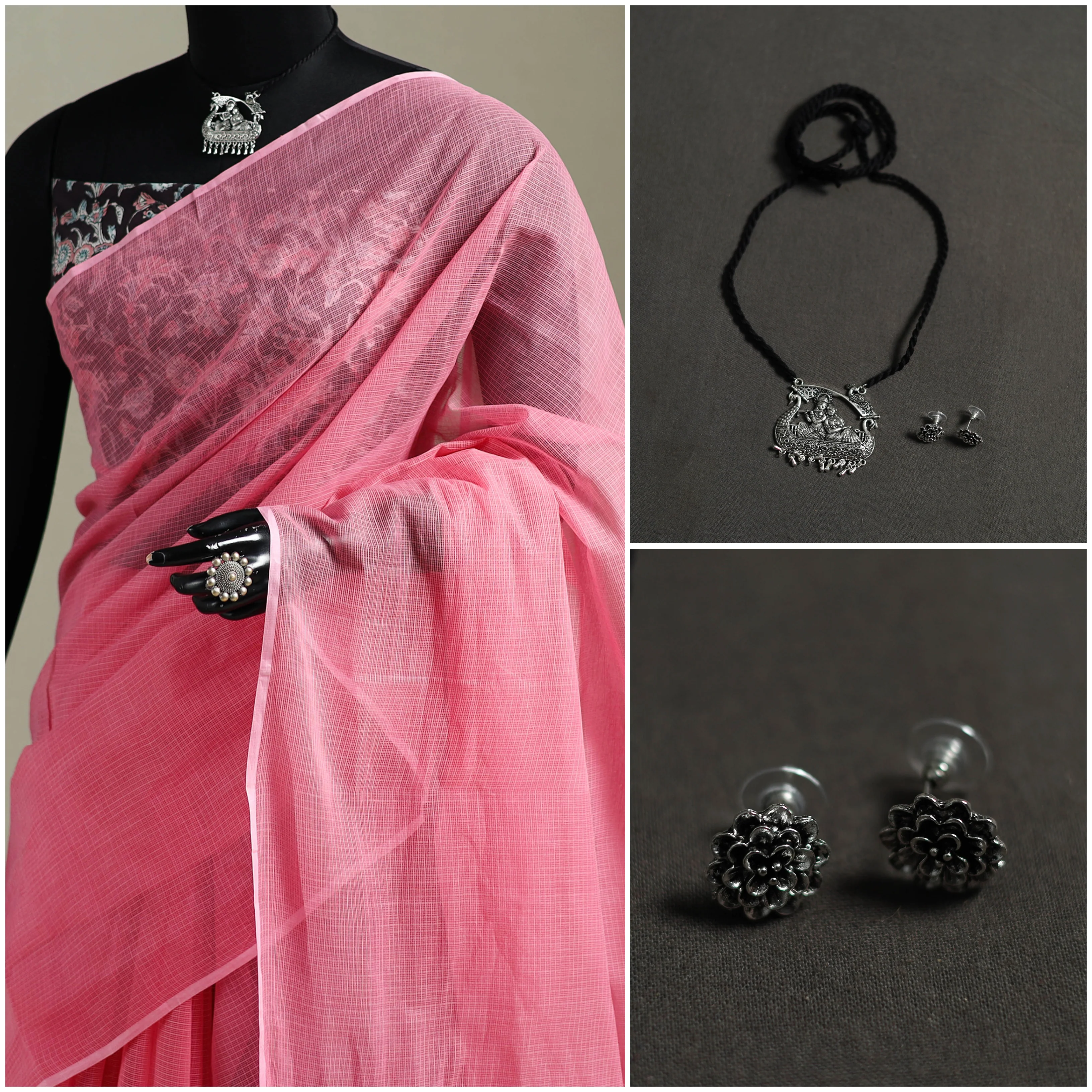 Pink - Nazaakat Kota Doria Cotton Plain Saree with Blouse & Jewellery Set 122 - Image 3