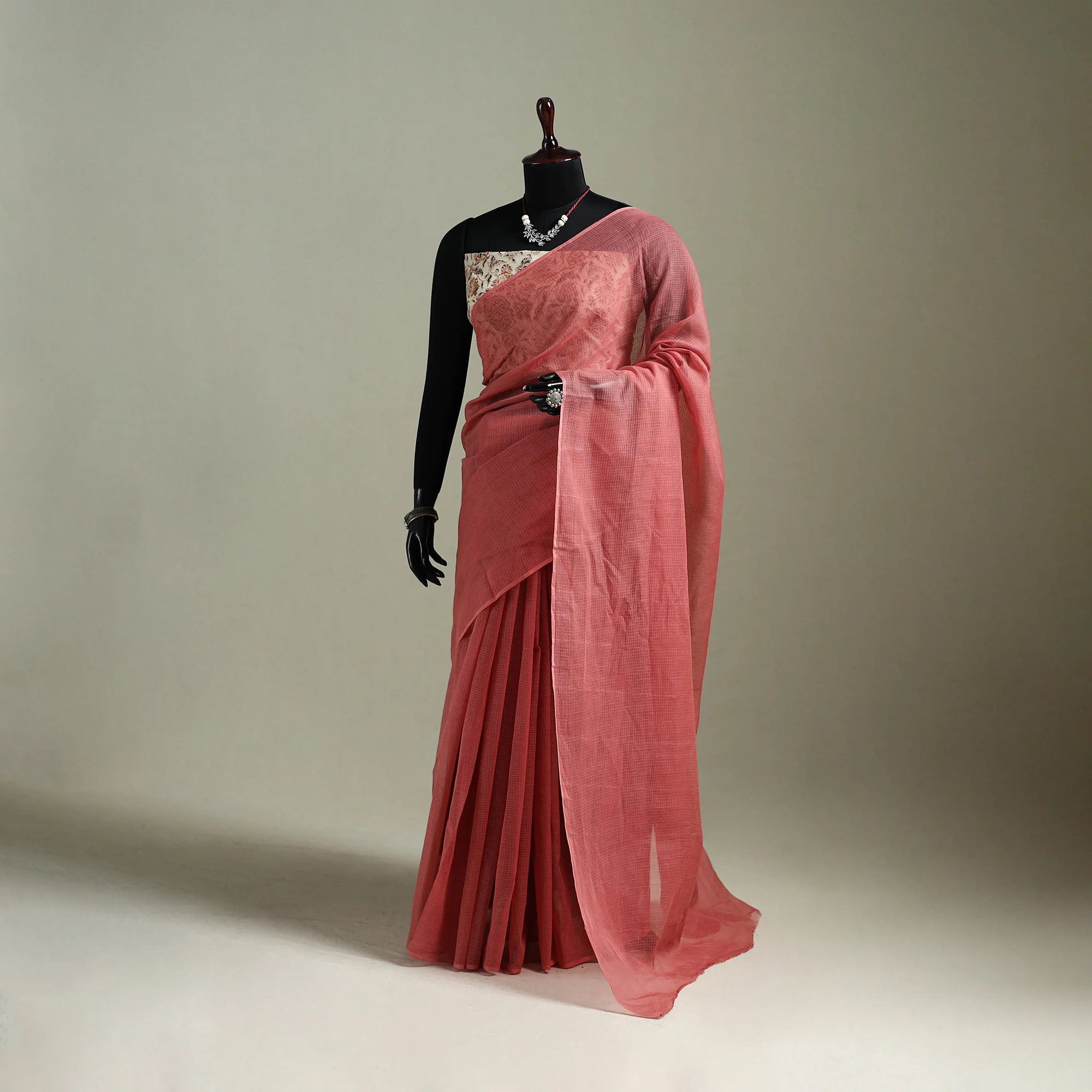 Pink - Nazaakat Kota Doria Cotton Plain Saree with Blouse & Jewellery Set 123