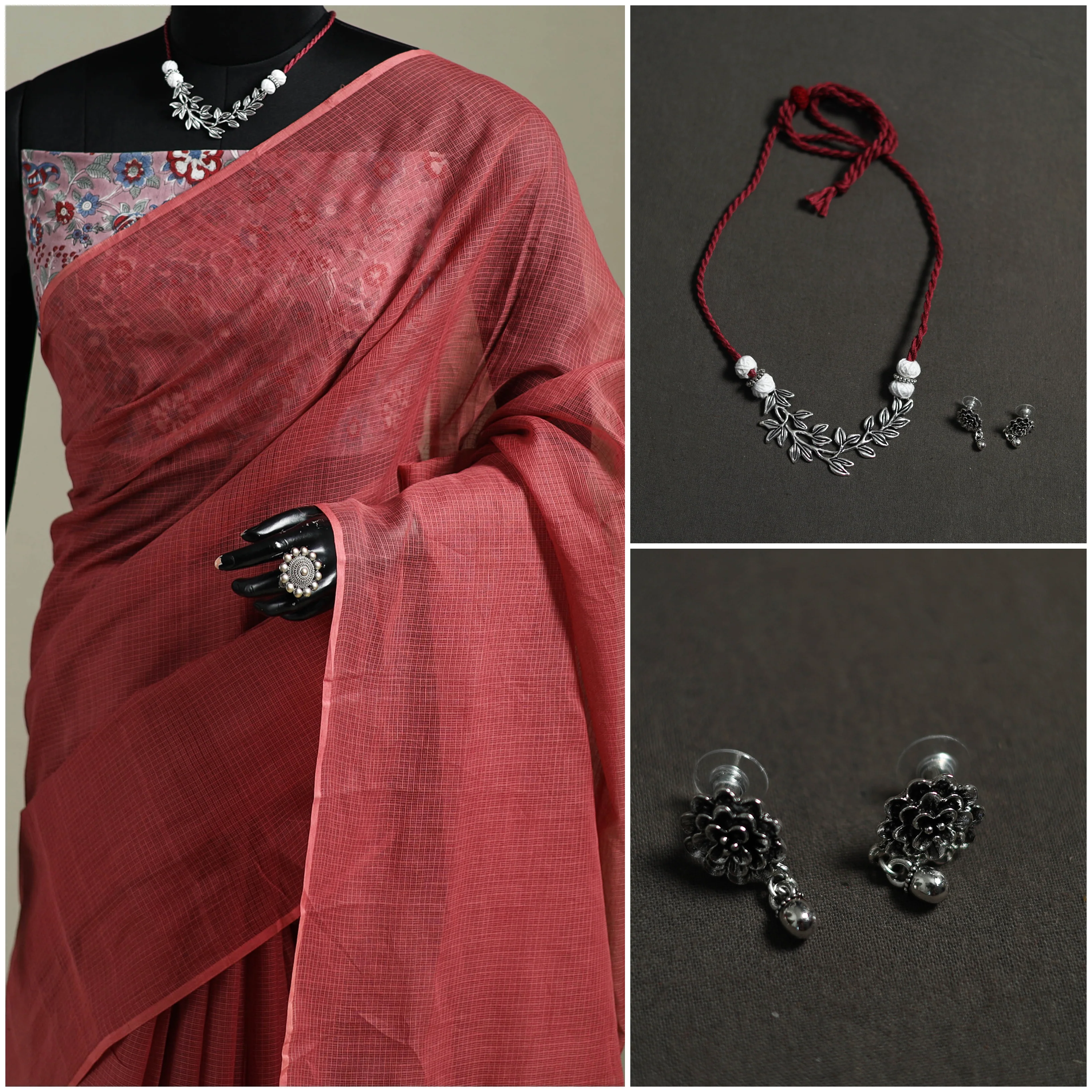 Red - Nazaakat Kota Doria Cotton Plain Saree with Blouse & Jewellery Set 128 - Image 3