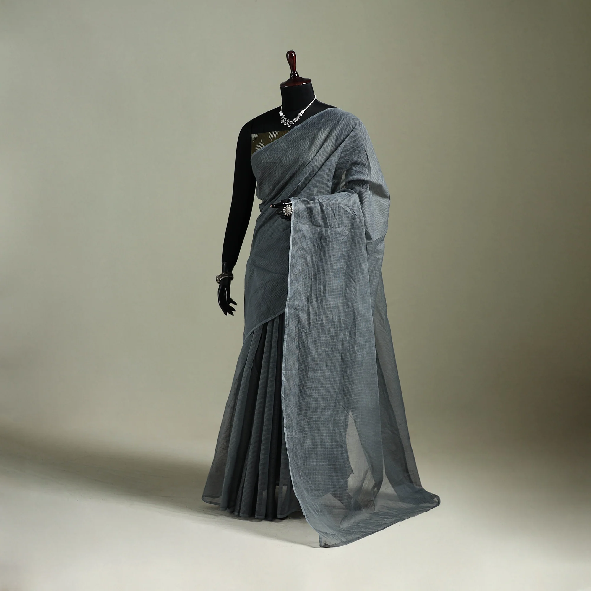 Grey - Nazaakat Kota Doria Cotton Plain Saree with Blouse & Jewellery Set 131