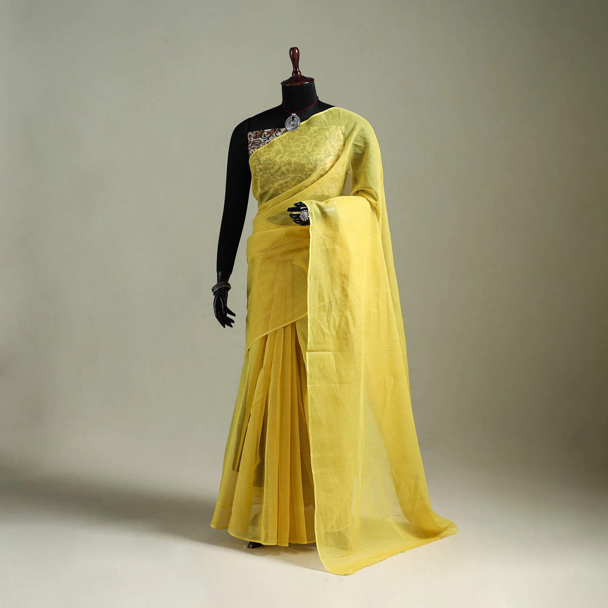 Yellow - Nazaakat Kota Doria Cotton Plain Saree with Blouse & Jewellery Set 17