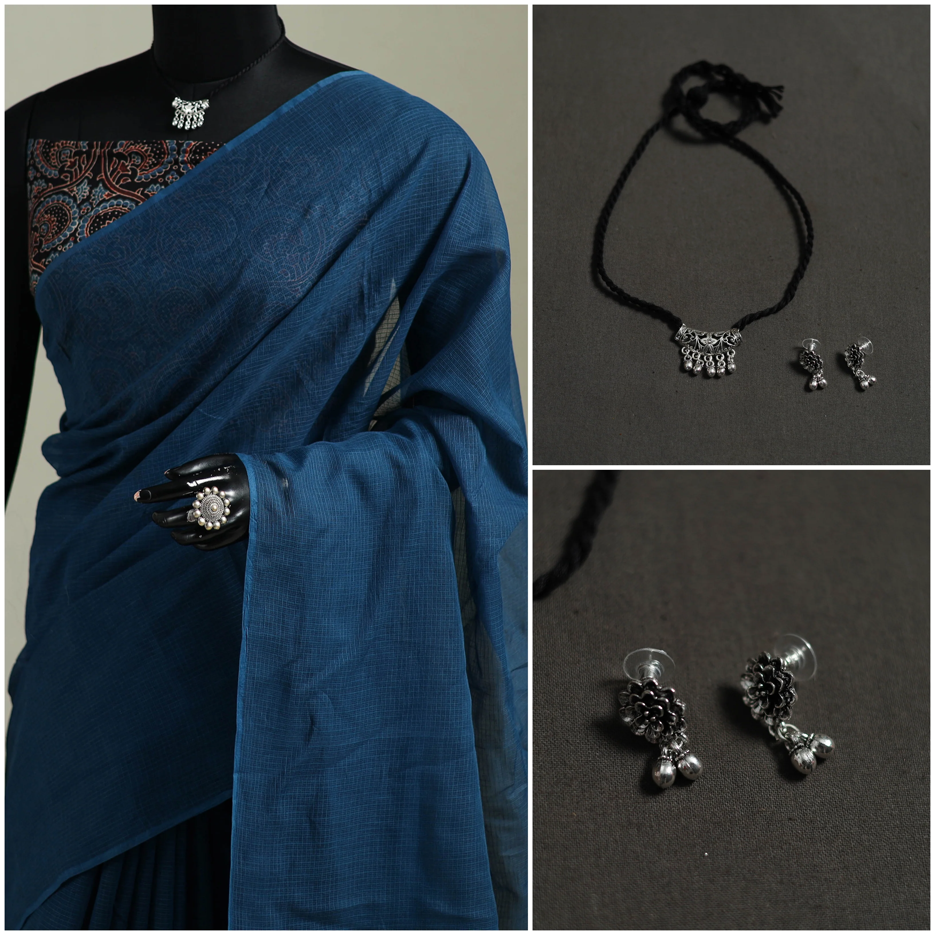 Blue - Nazaakat Kota Doria Cotton Plain Saree with Blouse & Jewellery Set 173 - Image 3