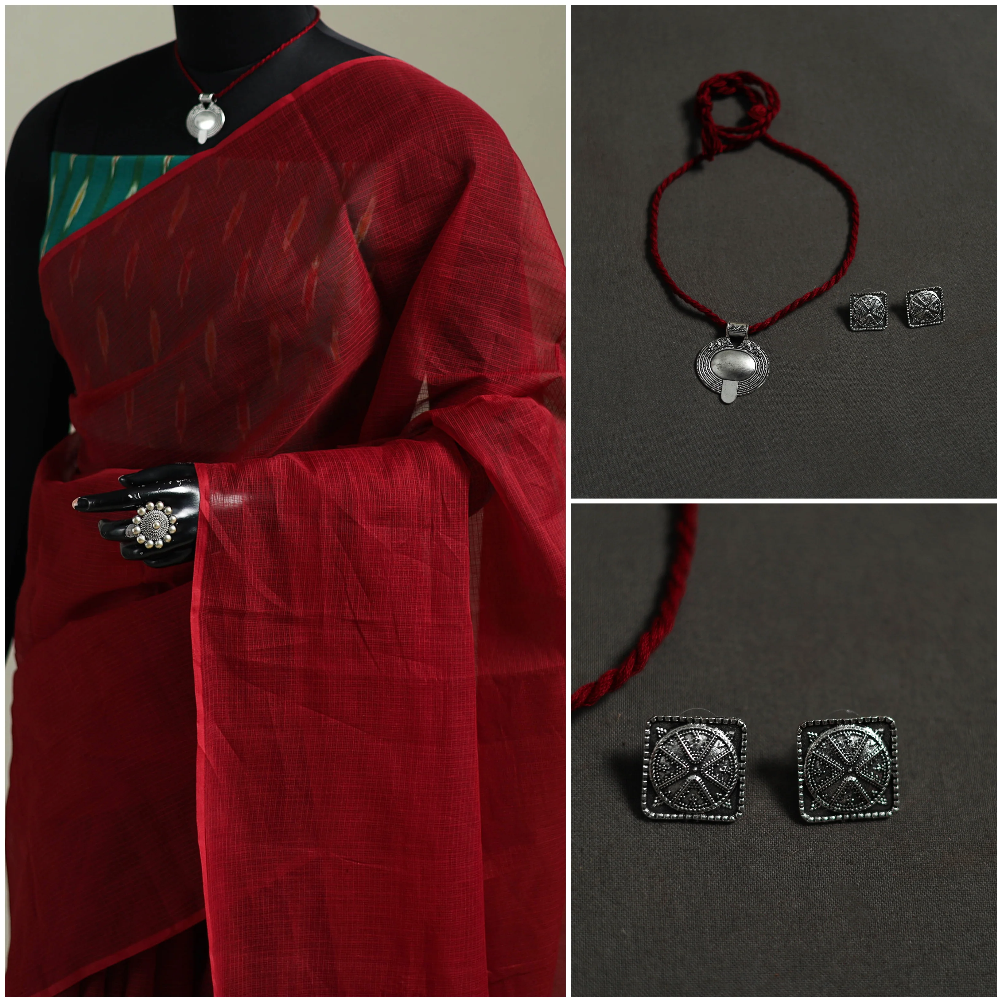 Red - Nazaakat Kota Doria Cotton Plain Saree with Blouse & Jewellery Set 188 - Image 3