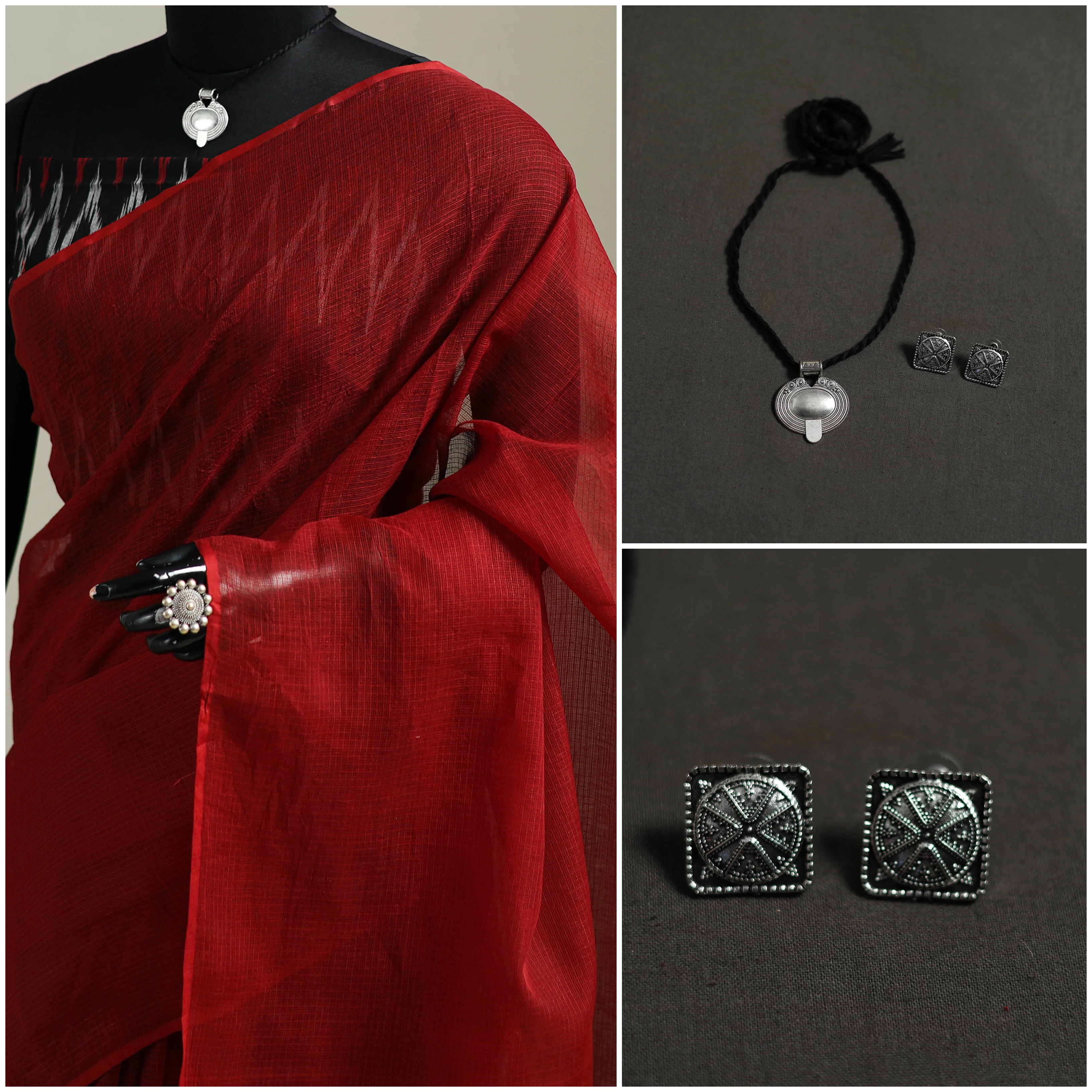 Red - Nazaakat Kota Doria Cotton Plain Saree with Blouse & Jewellery Set 190 - Image 3