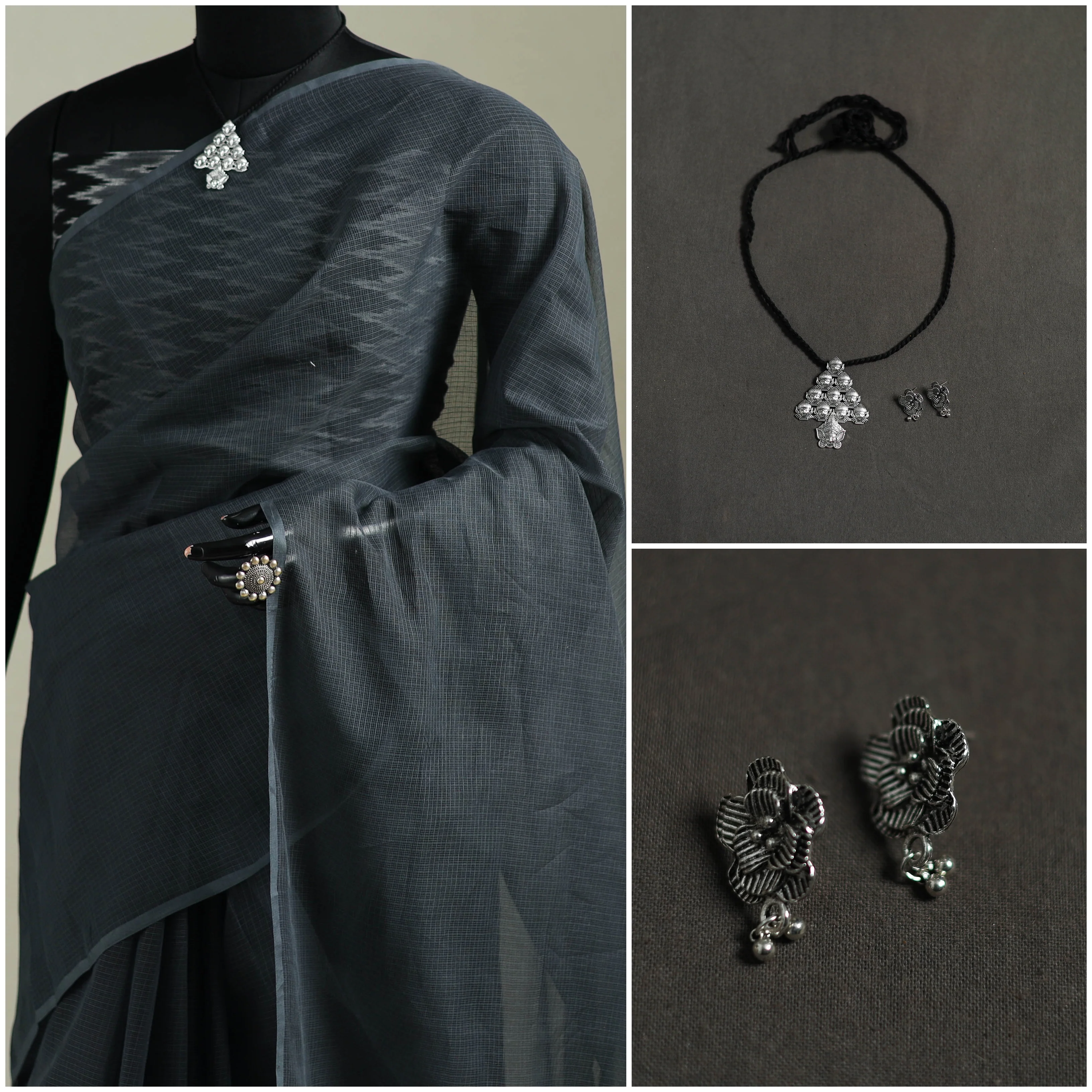 Grey - Nazaakat Kota Doria Cotton Plain Saree with Blouse & Jewellery Set 34 - Image 3