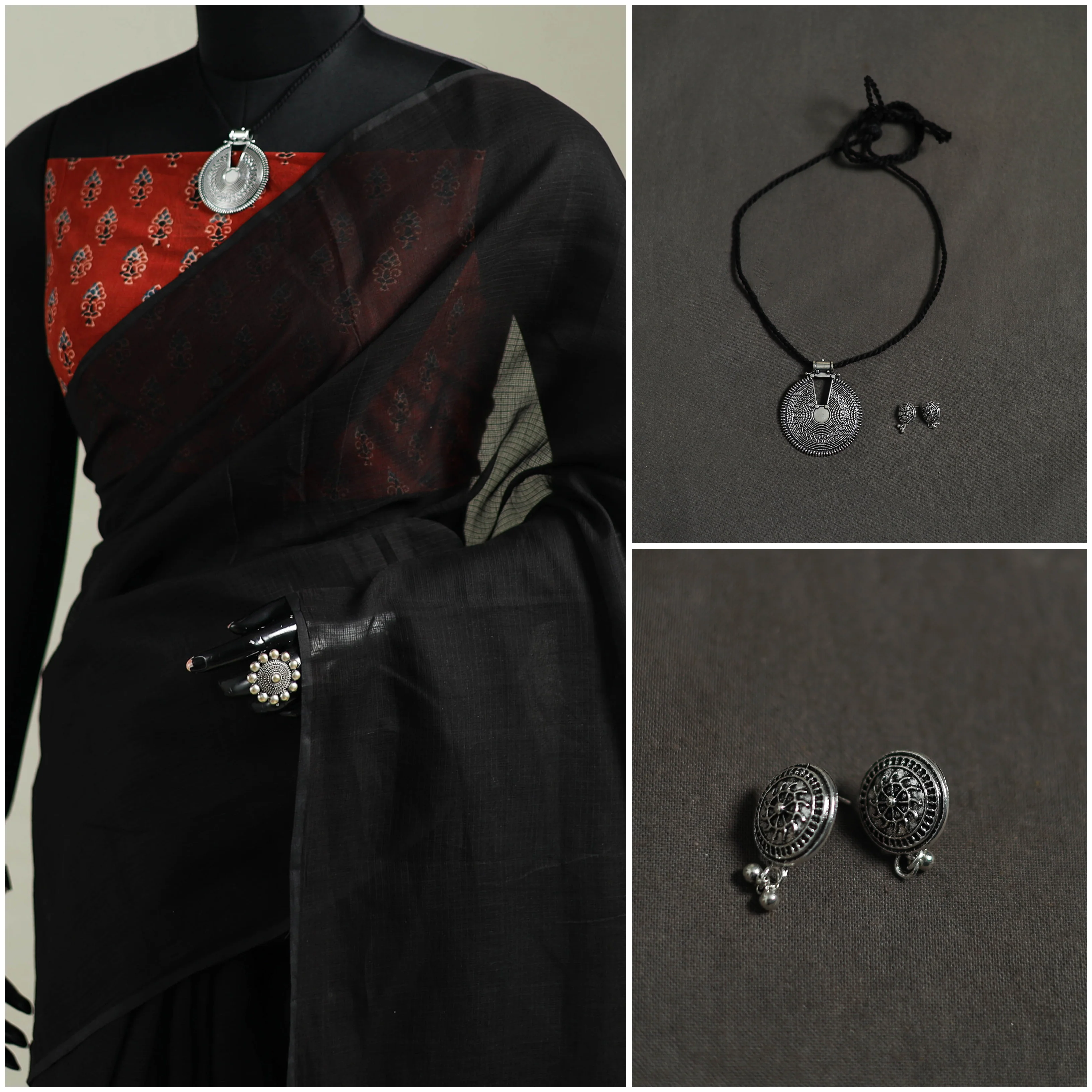 Black - Nazaakat Kota Doria Cotton Plain Saree with Blouse & Jewellery Set 35 - Image 3