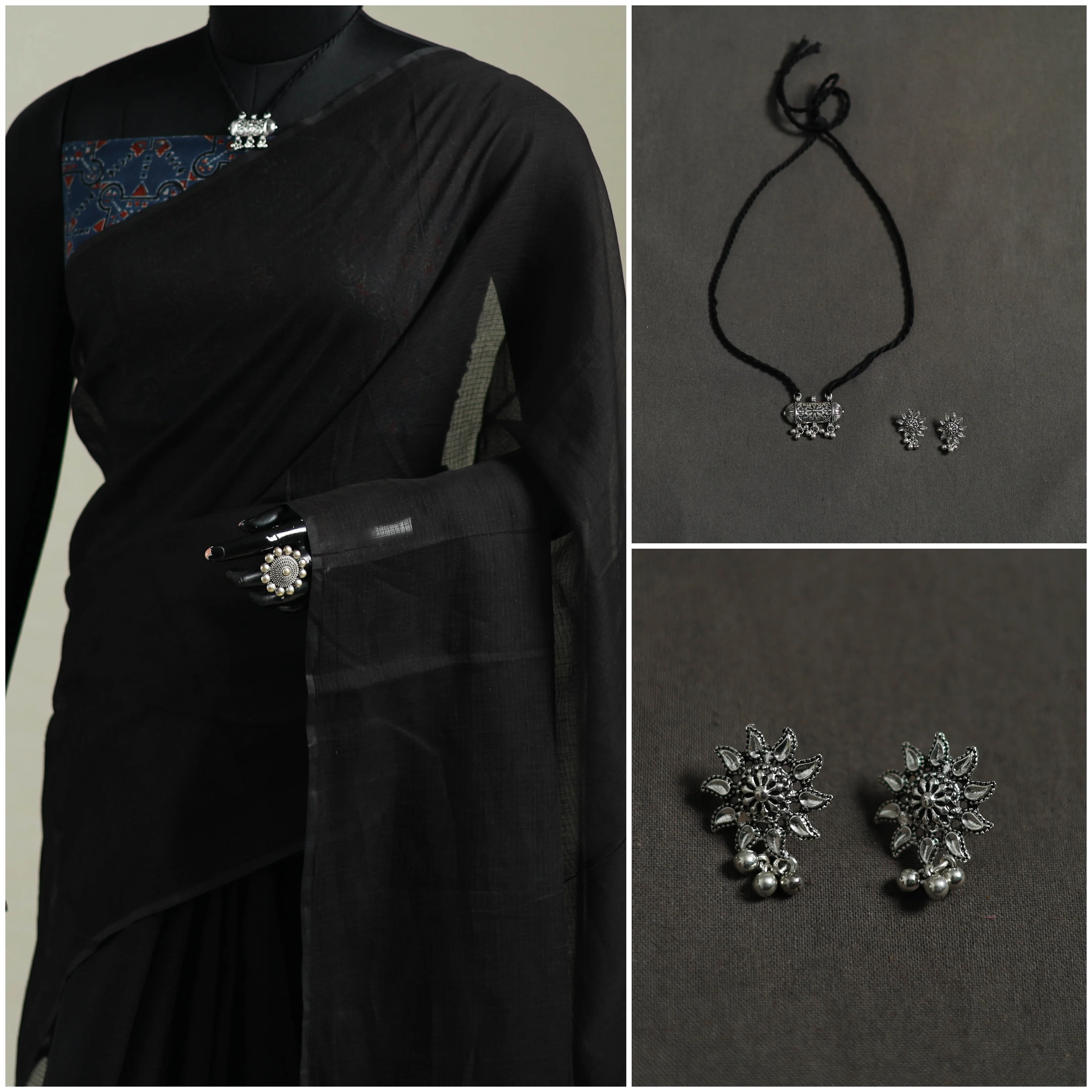 Black - Nazaakat Kota Doria Cotton Plain Saree with Blouse & Jewellery Set 40 - Image 3