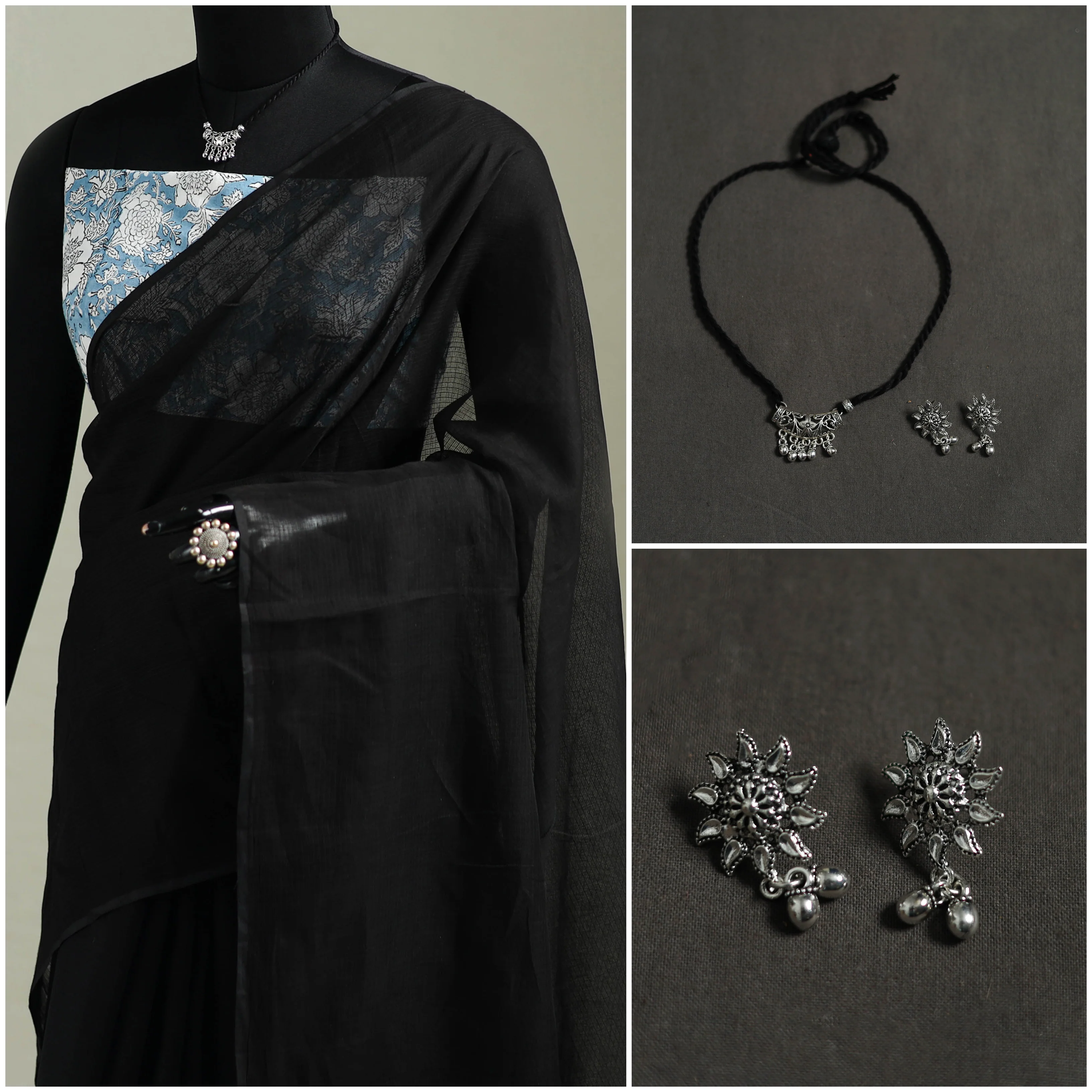 Black - Nazaakat Kota Doria Cotton Plain Saree with Blouse & Jewellery Set 42 - Image 3