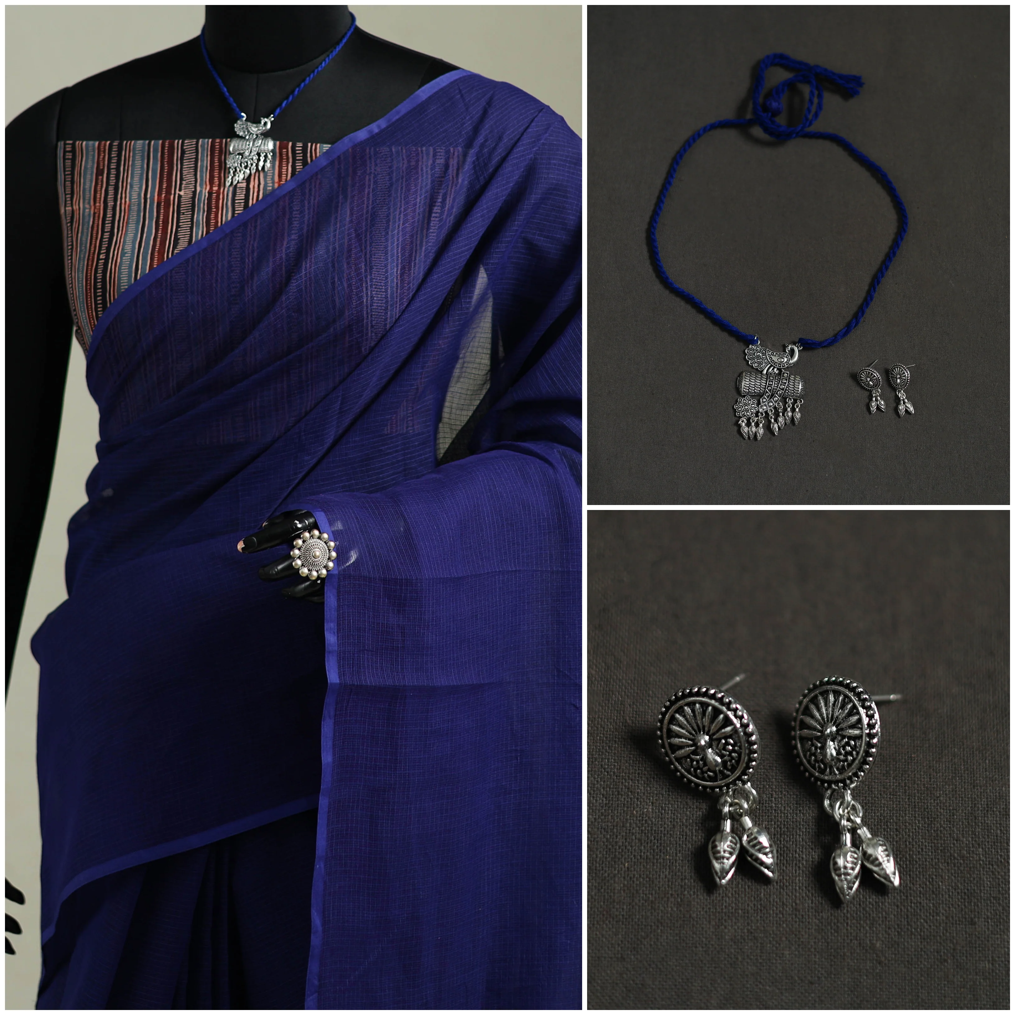 Blue - Nazaakat Kota Doria Cotton Plain Saree with Blouse & Jewellery Set 44 - Image 3